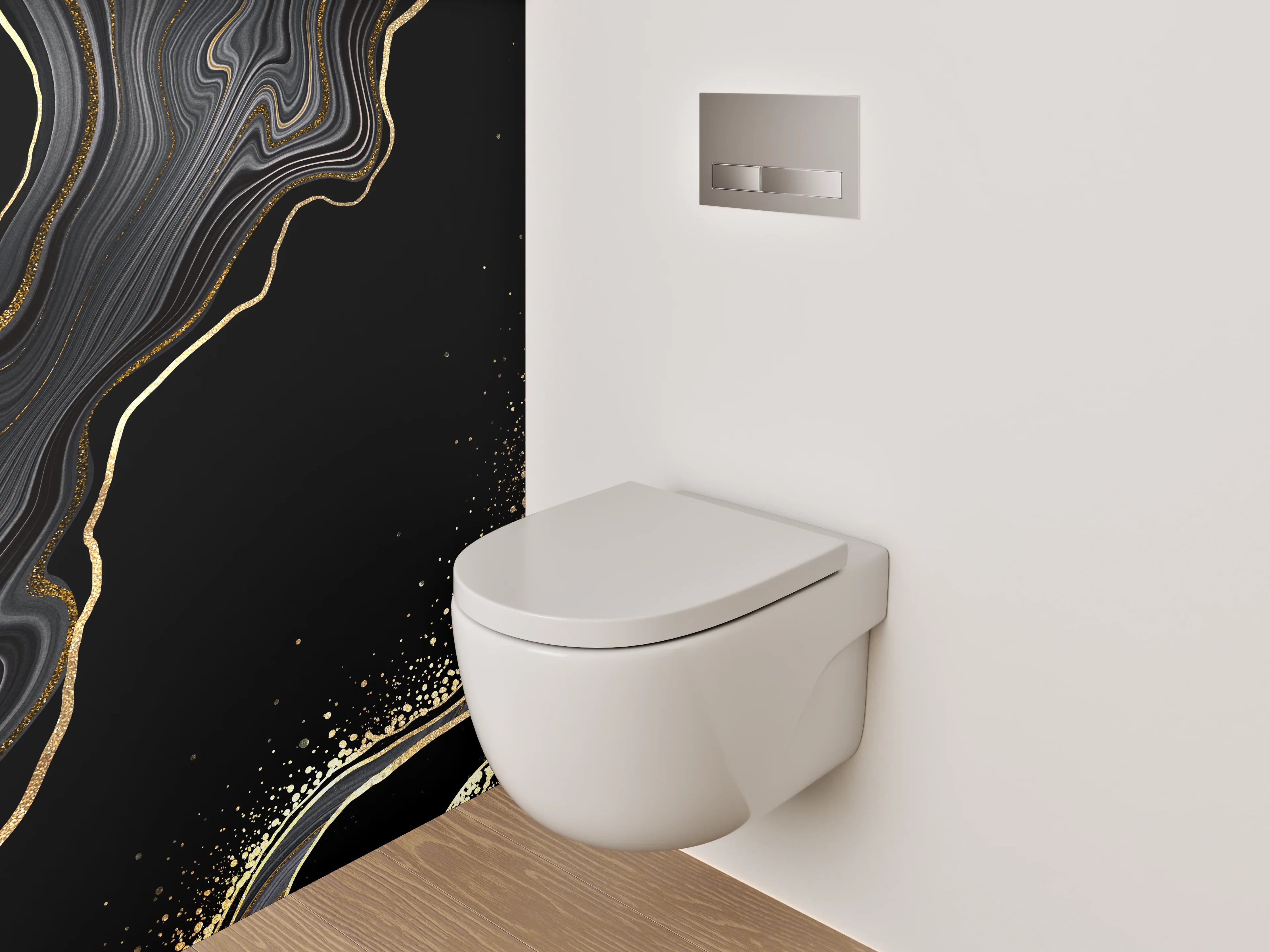WC-Rückwand - Schwarze Marmor-Optik mit Goldakzenten