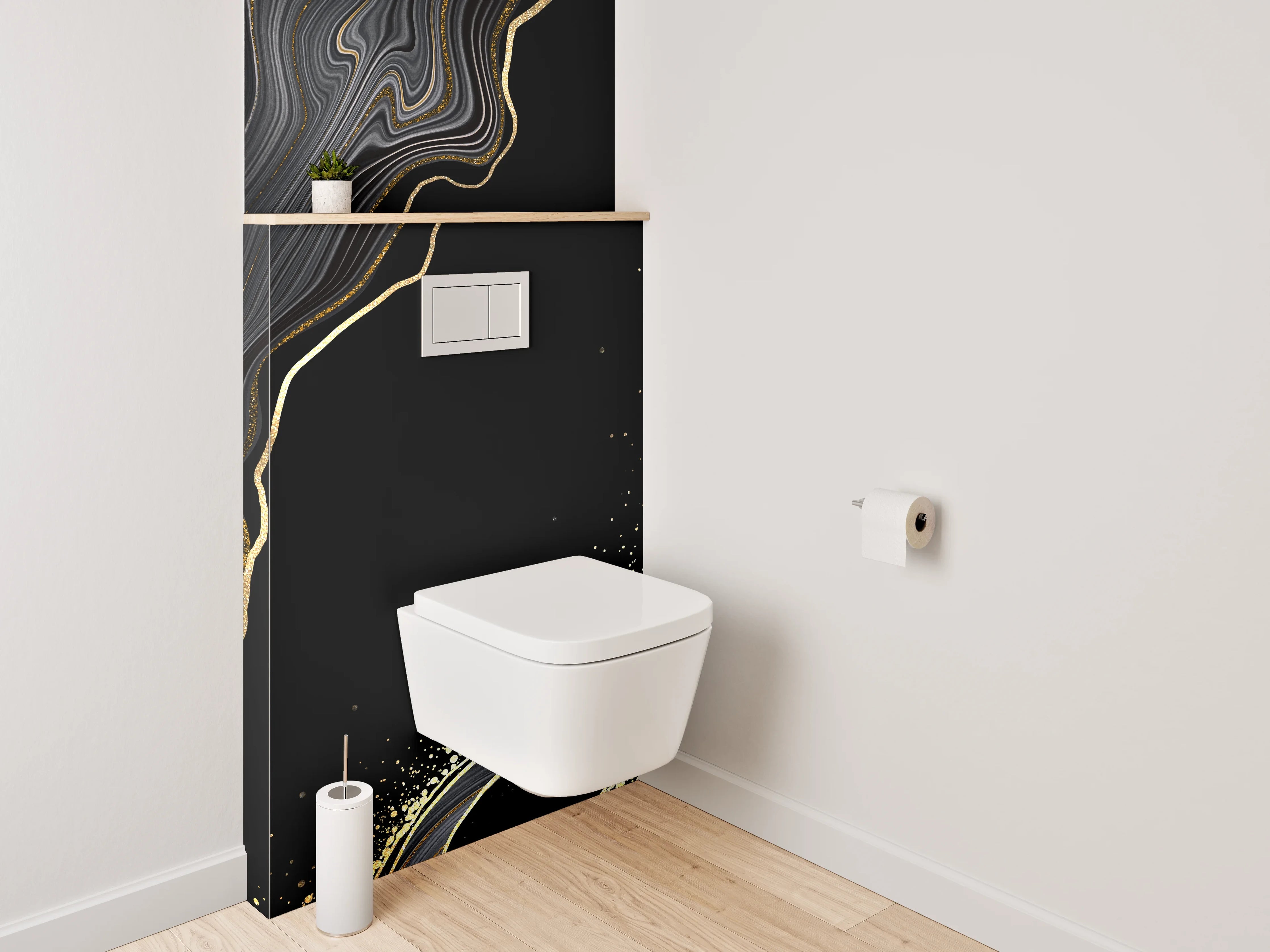 WC-Rückwand - Schwarze Marmor-Optik mit Goldakzenten