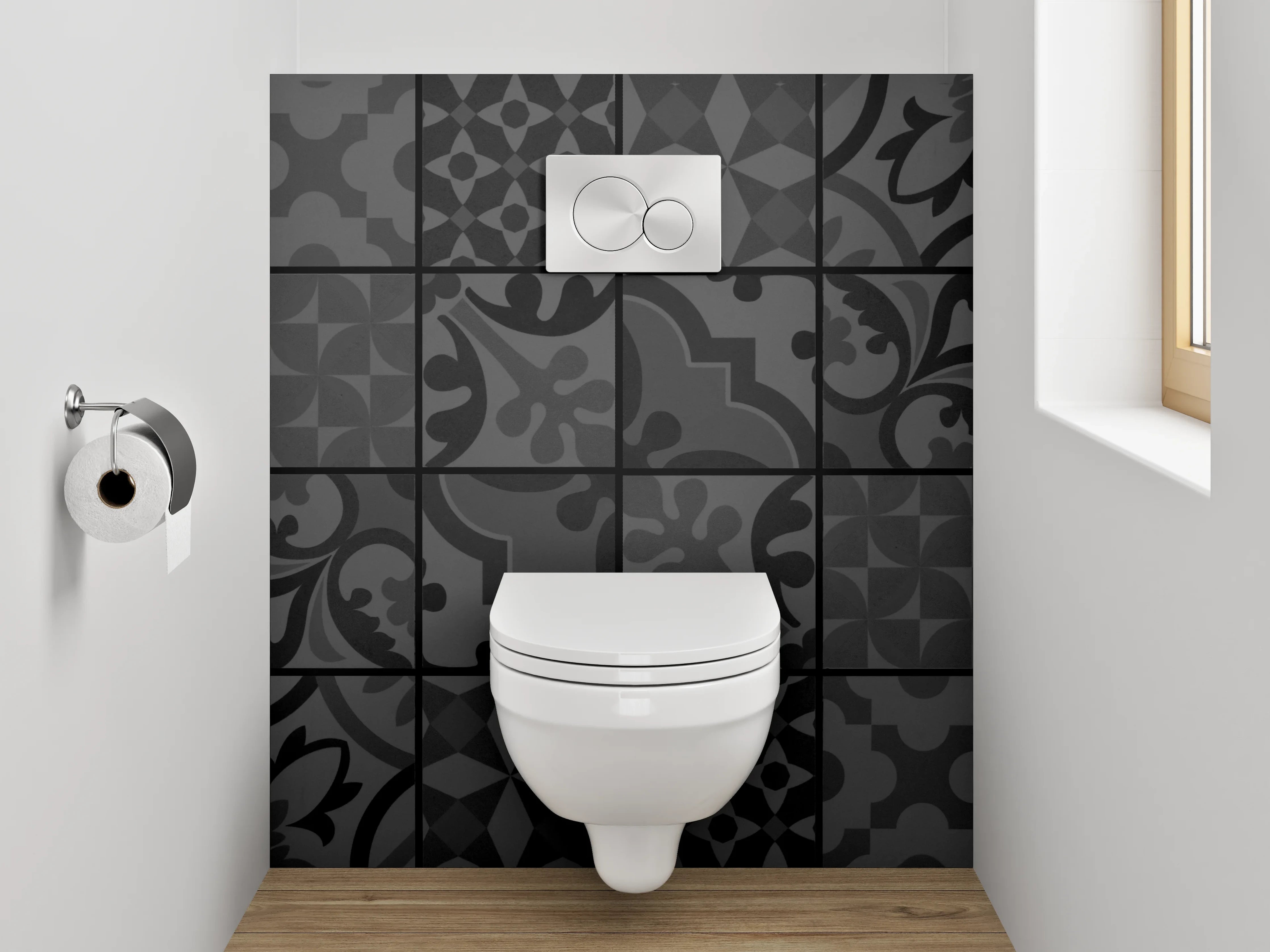 WC-Rückwand - Schwarze Retro Fliesenmuster Tapete
