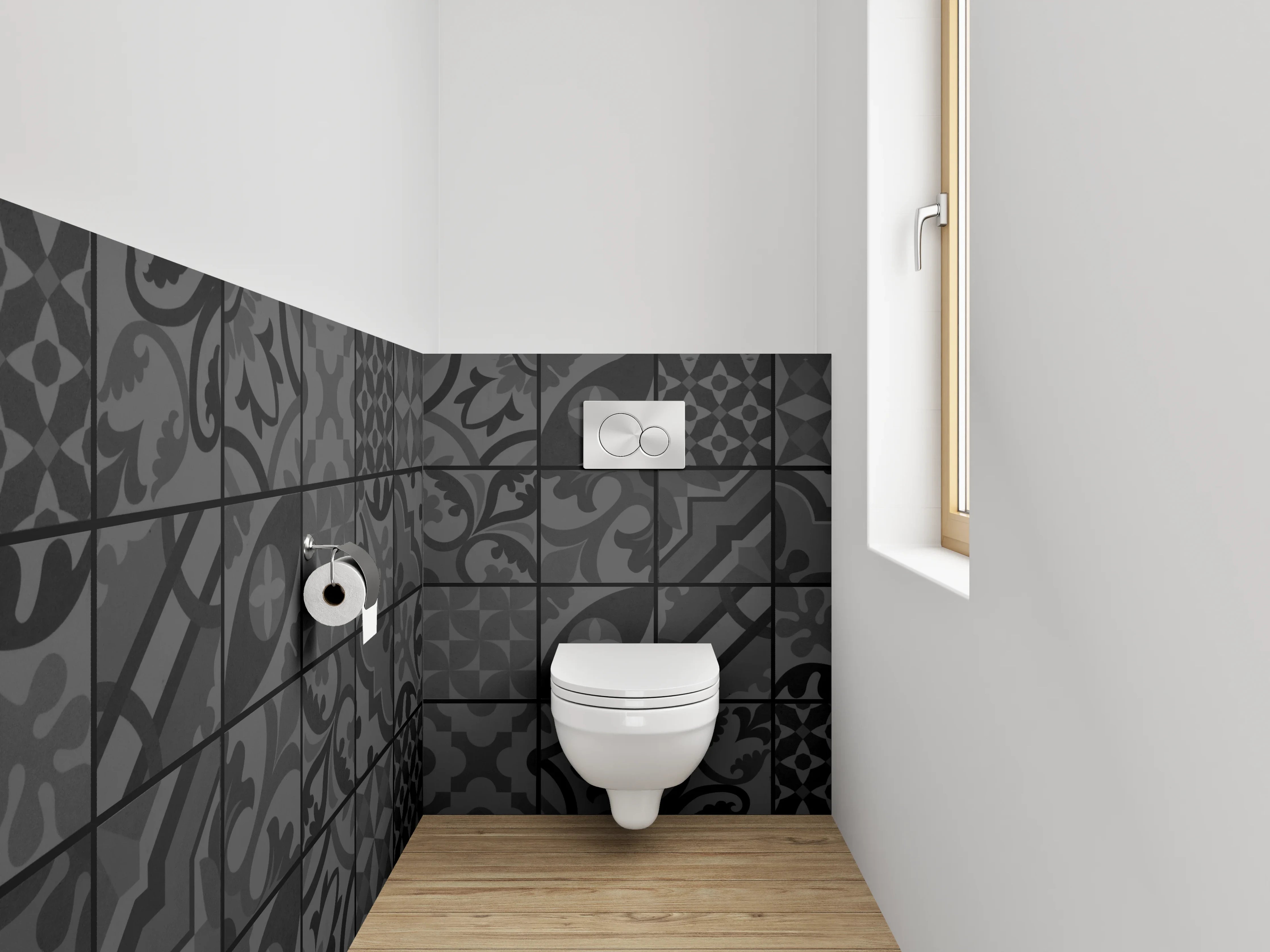 WC-Rückwand - Schwarze Retro Fliesenmuster Tapete