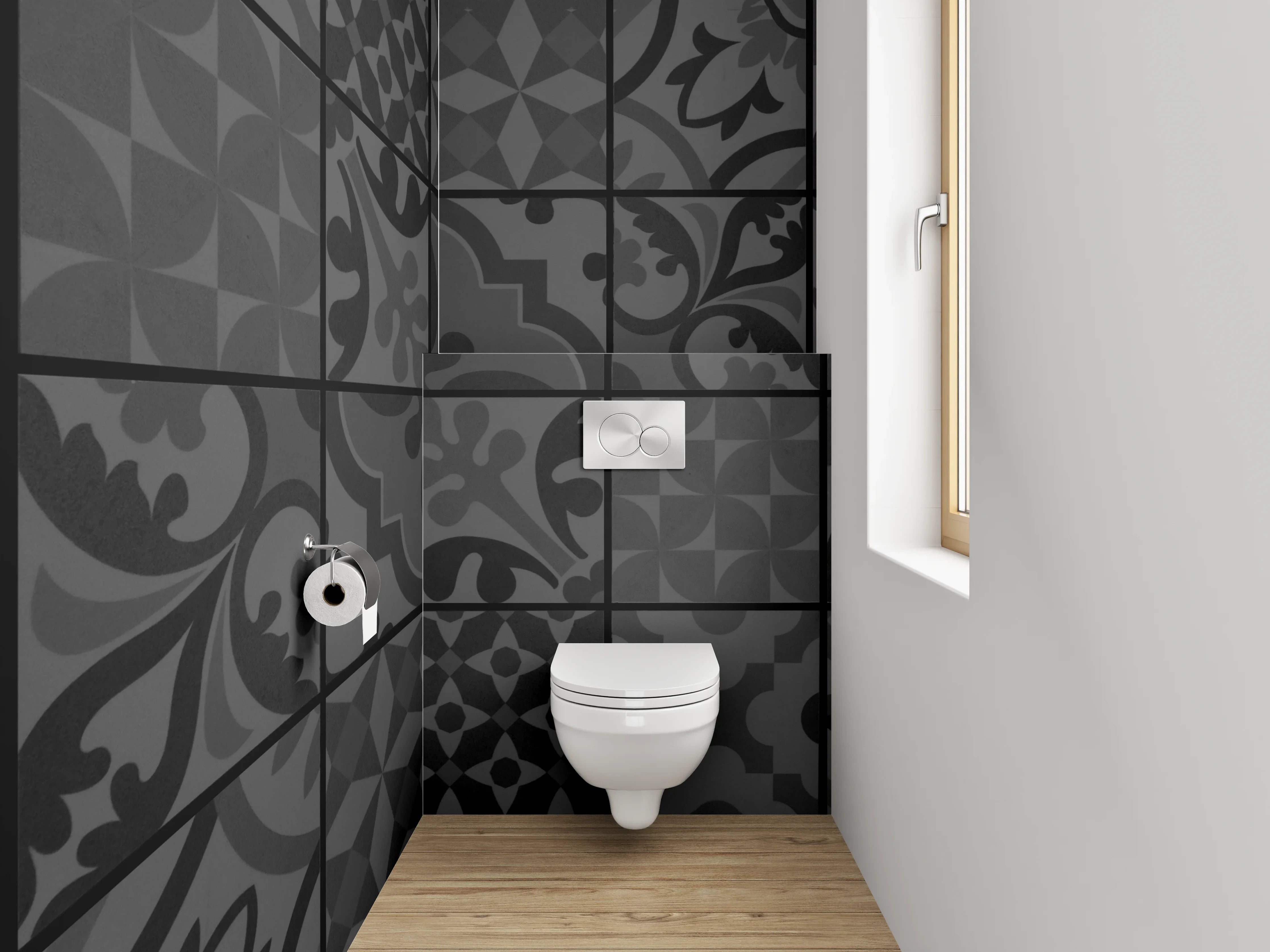 WC-Rückwand - Schwarze Retro Fliesenmuster Tapete