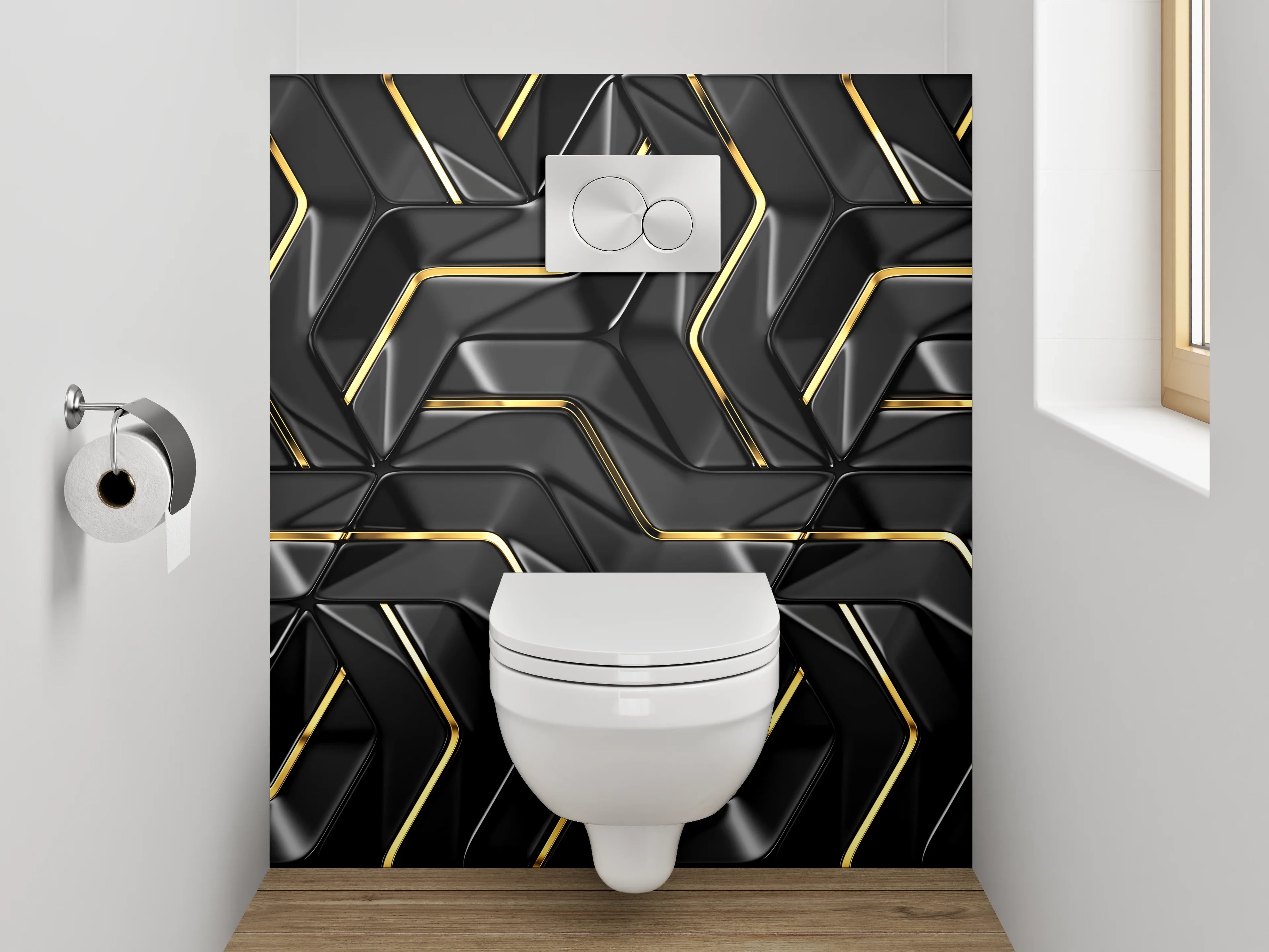 WC-Rückwand - Schwarze geometrische Muster mit Goldakzent