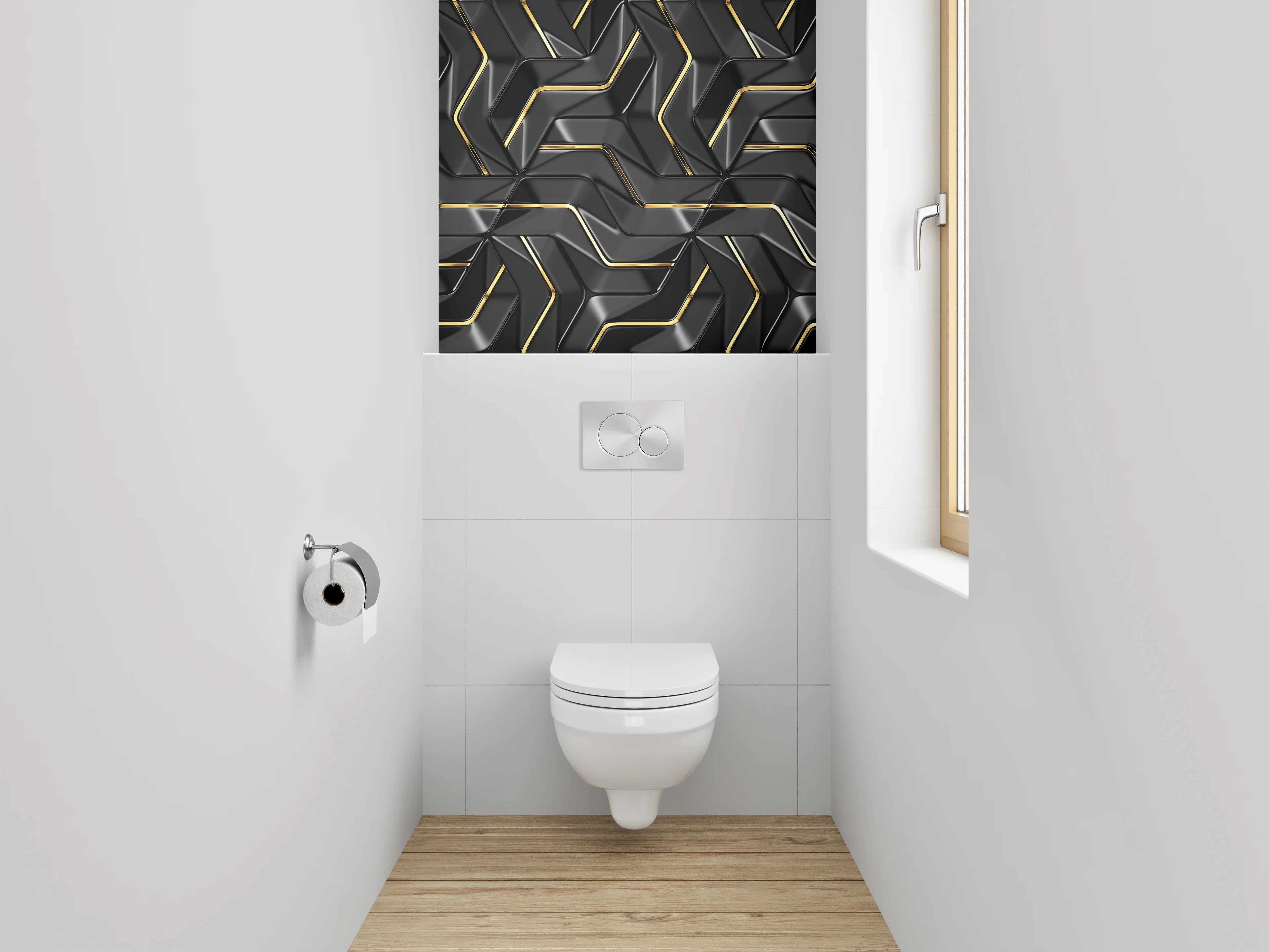 WC-Rückwand - Schwarze geometrische Muster mit Goldakzent