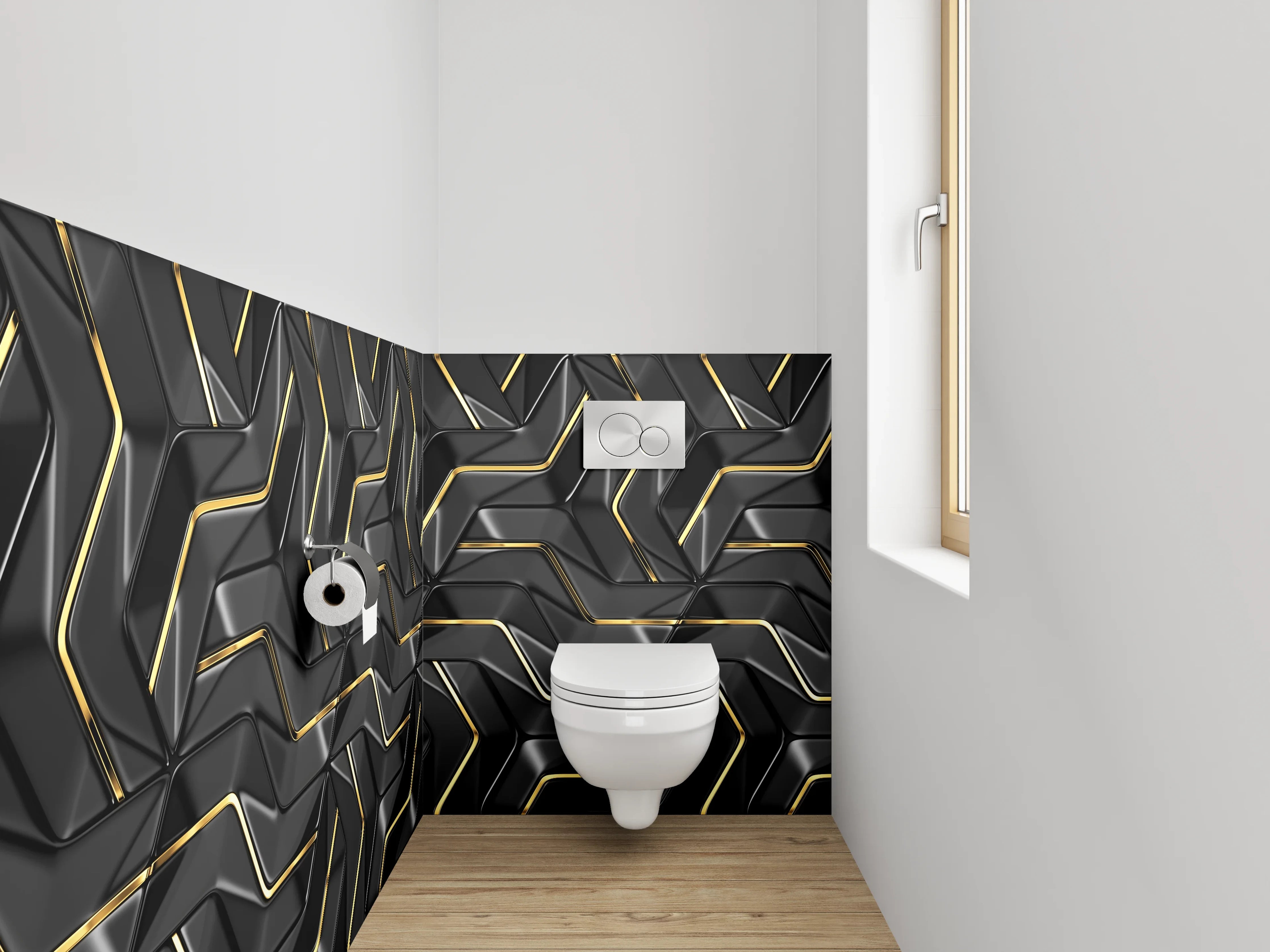 WC-Rückwand - Schwarze geometrische Muster mit Goldakzent