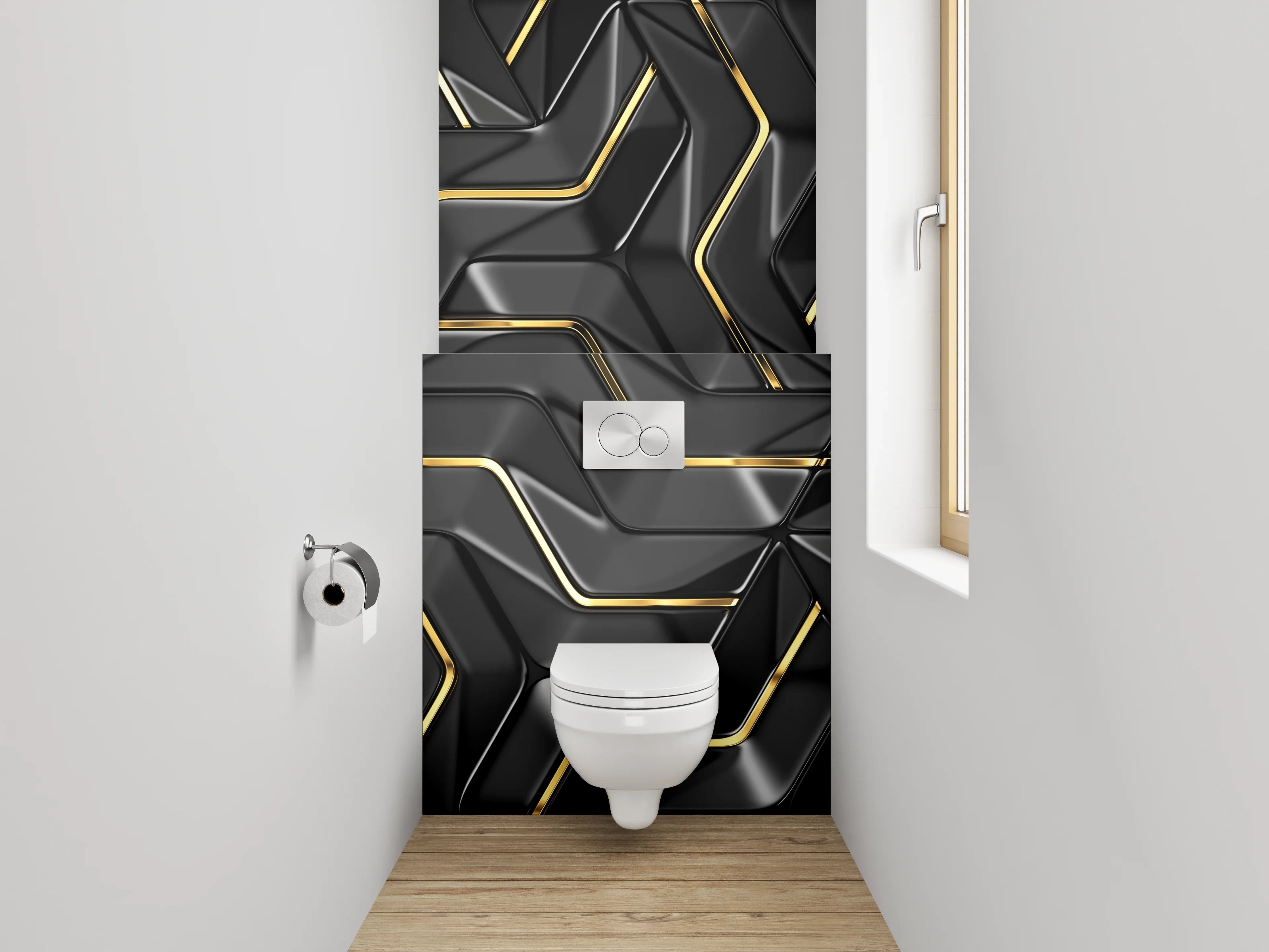 WC-Rückwand - Schwarze geometrische Muster mit Goldakzent