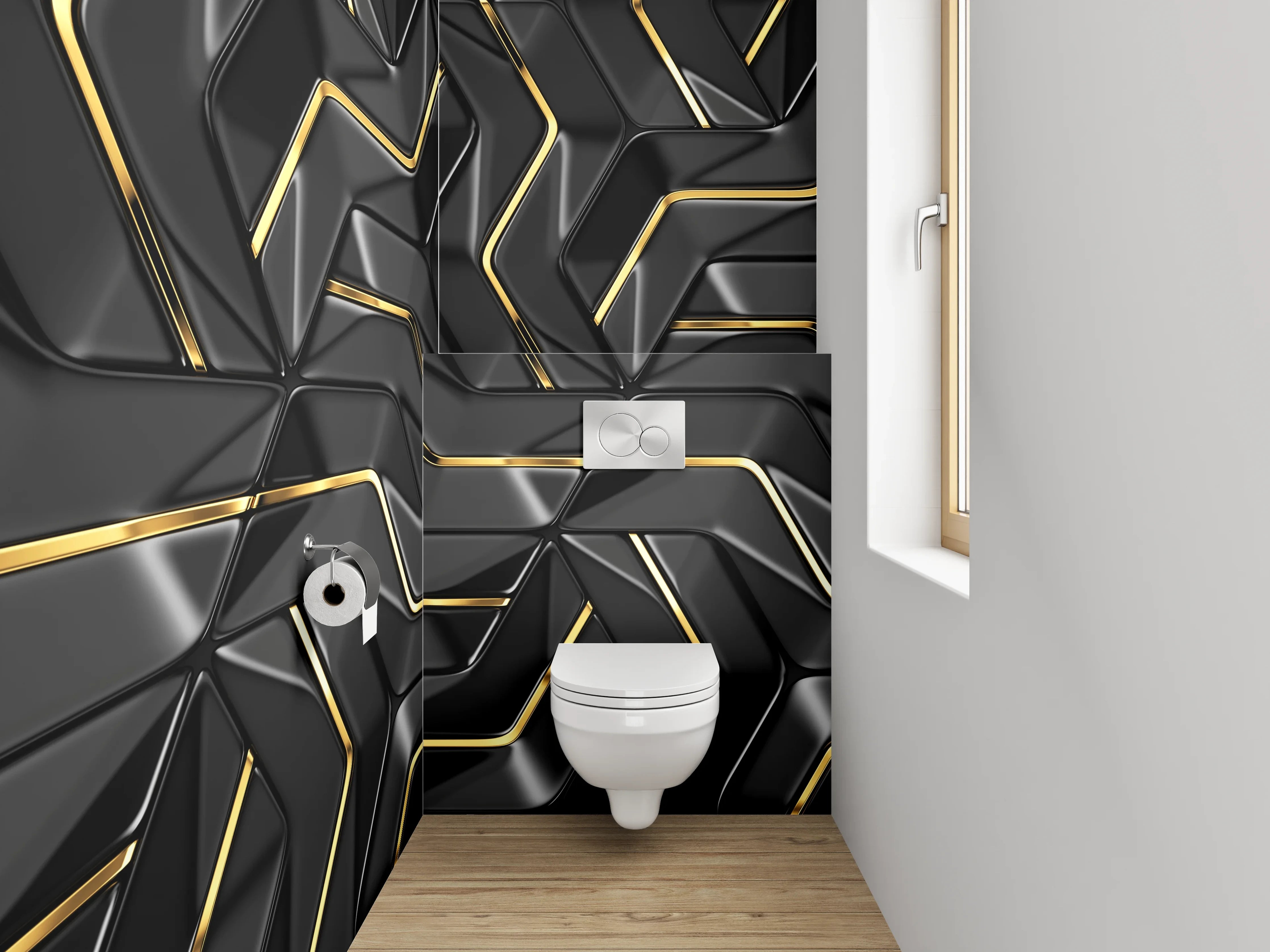 WC-Rückwand - Schwarze geometrische Muster mit Goldakzent