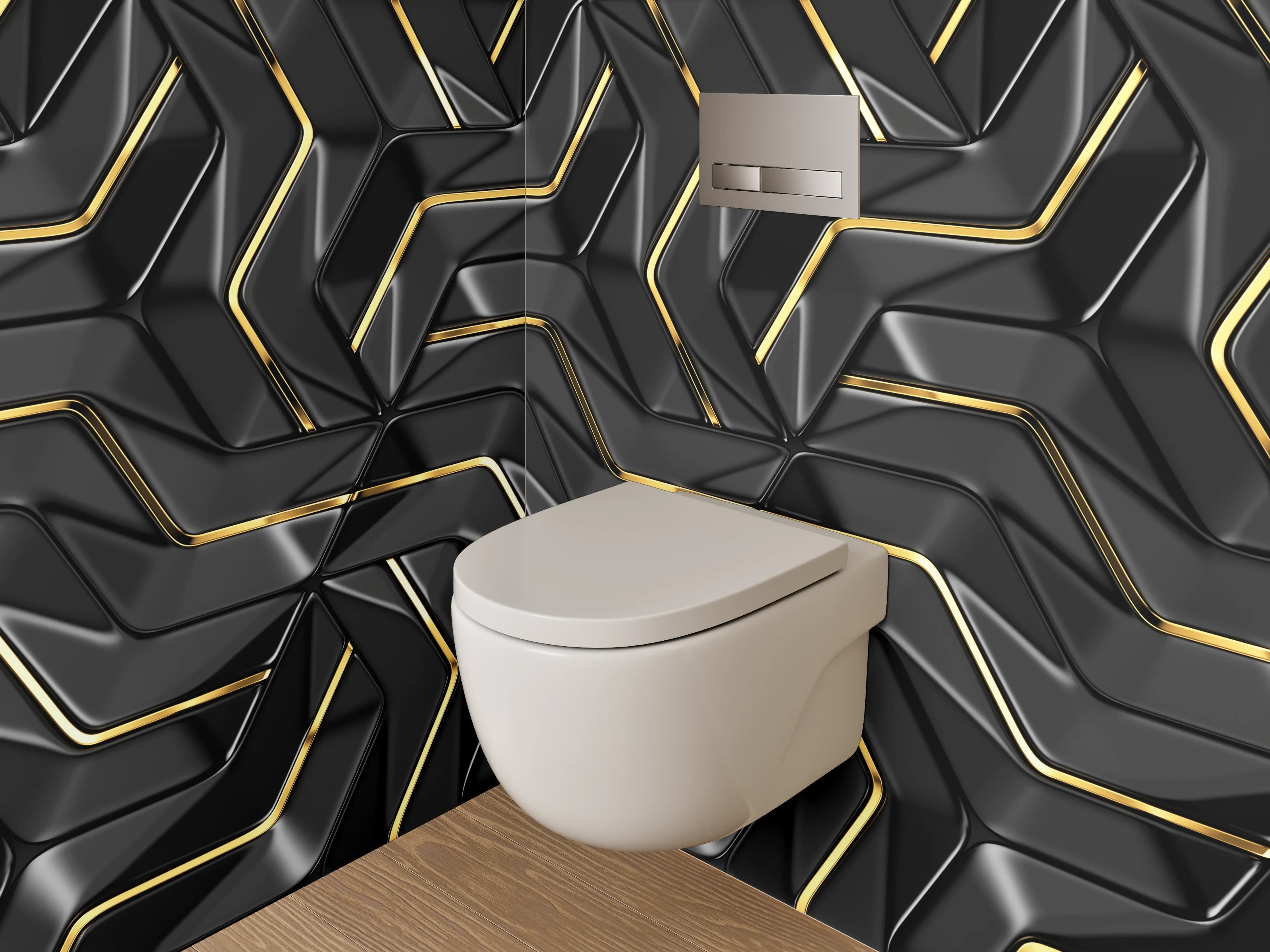 WC-Rückwand - Schwarze geometrische Muster mit Goldakzent