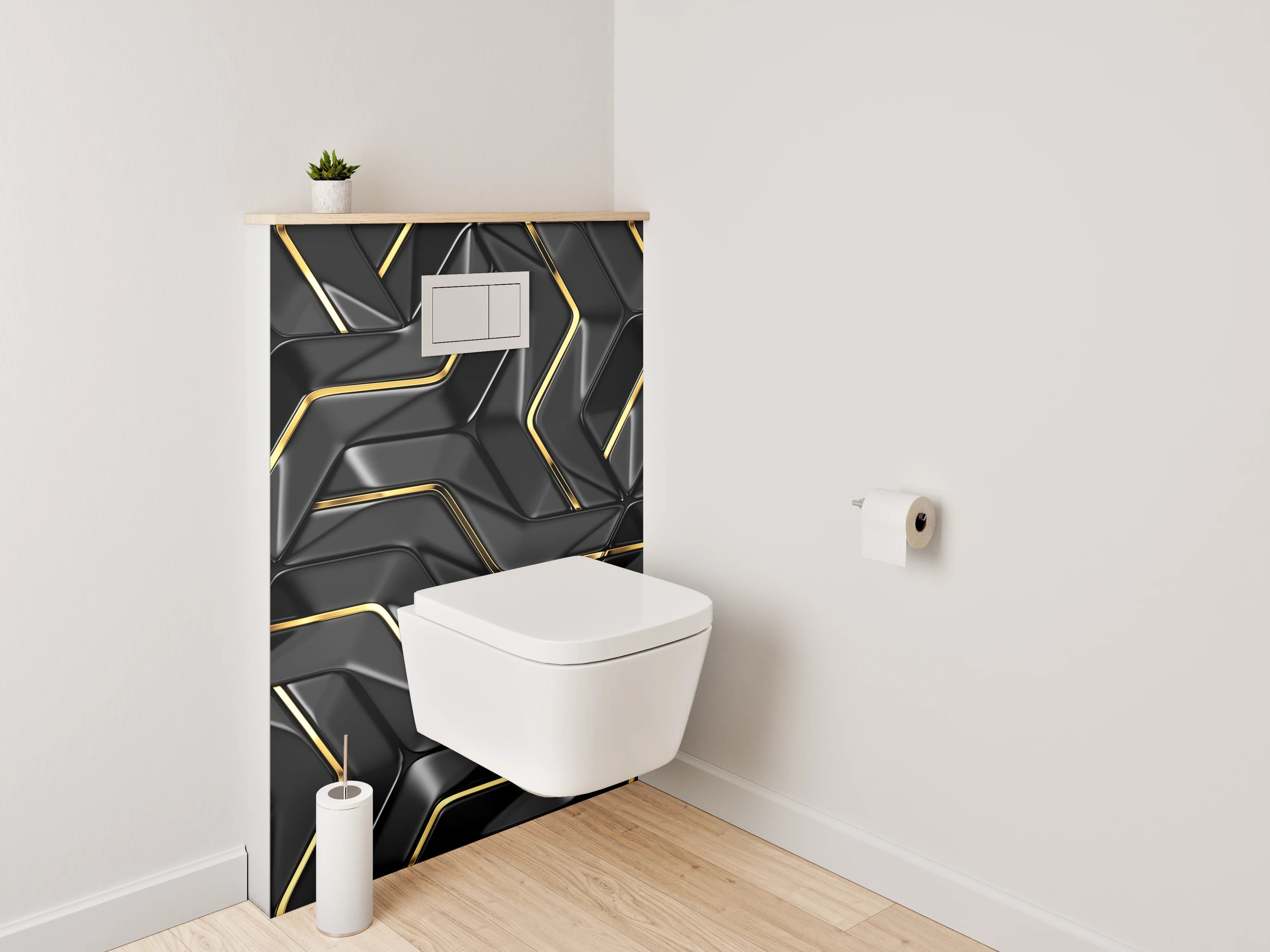 WC-Rückwand - Schwarze geometrische Muster mit Goldakzent