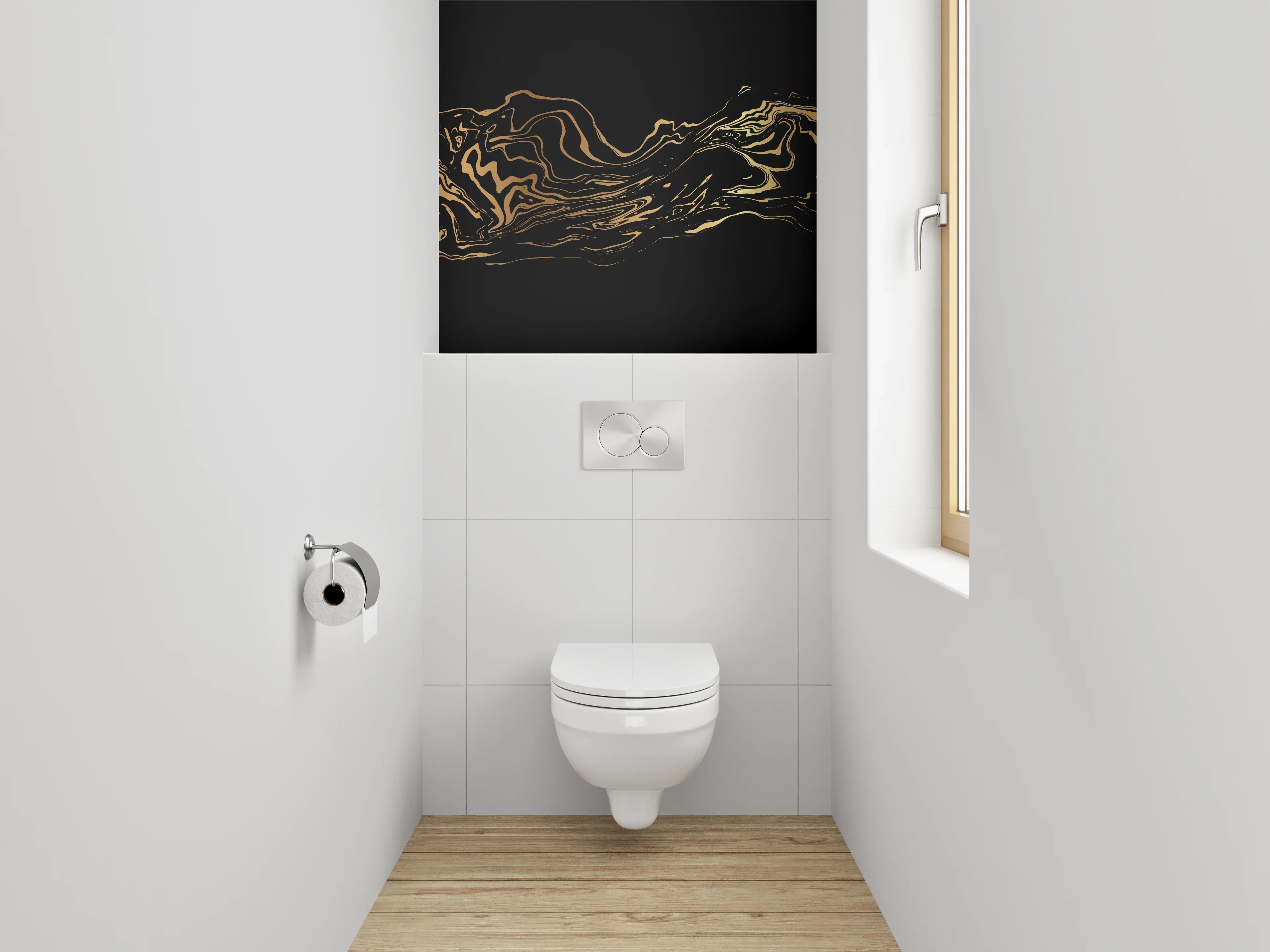 WC-Rückwand - Schwarze goldene abstrakte Kunstwellen