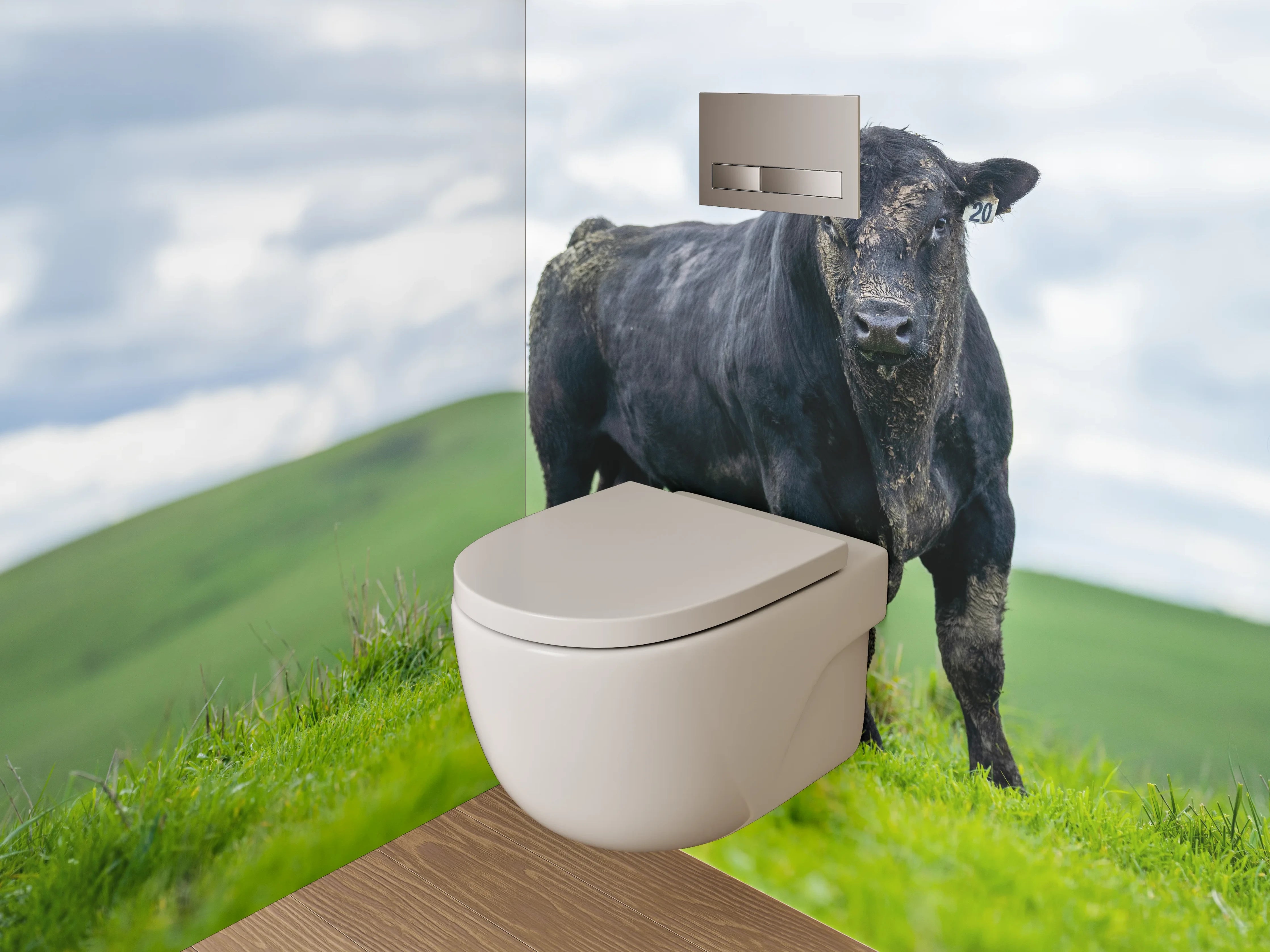 WC-Rückwand - Schwarzer Bulle auf grüner Weide