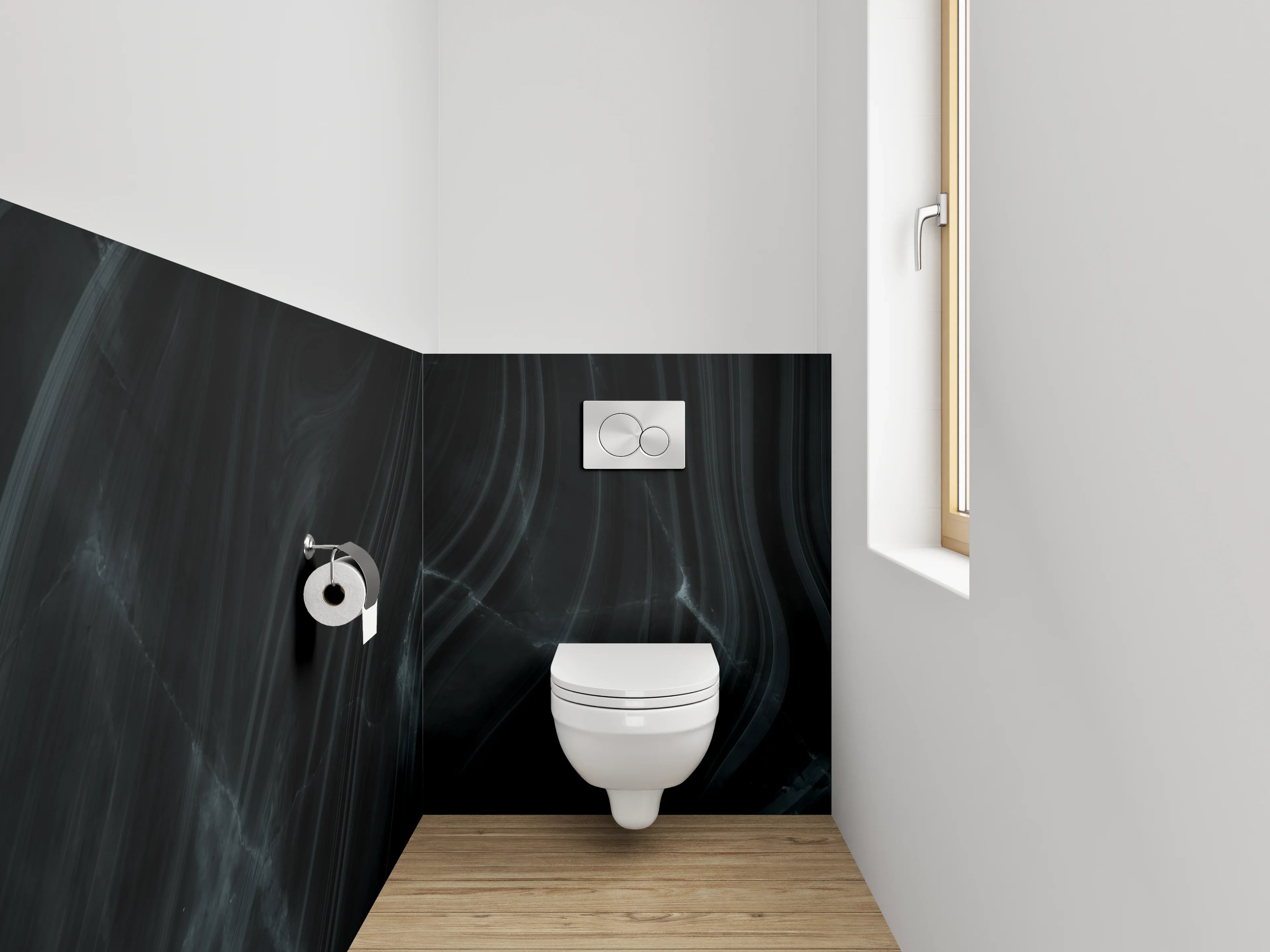 WC-Rückwand - Schwarzer Marmor mit abstrakten Linien