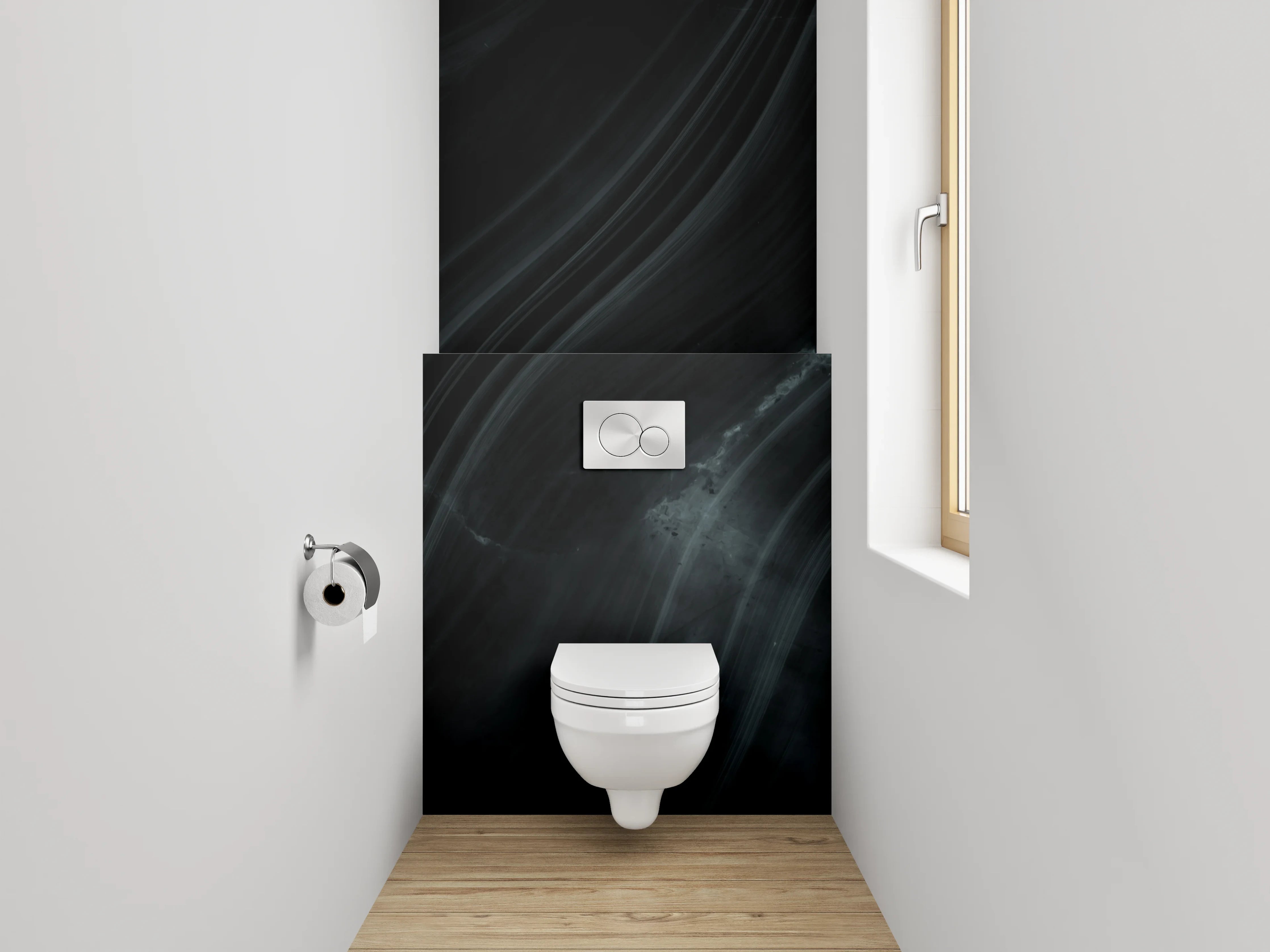 WC-Rückwand - Schwarzer Marmor mit abstrakten Linien