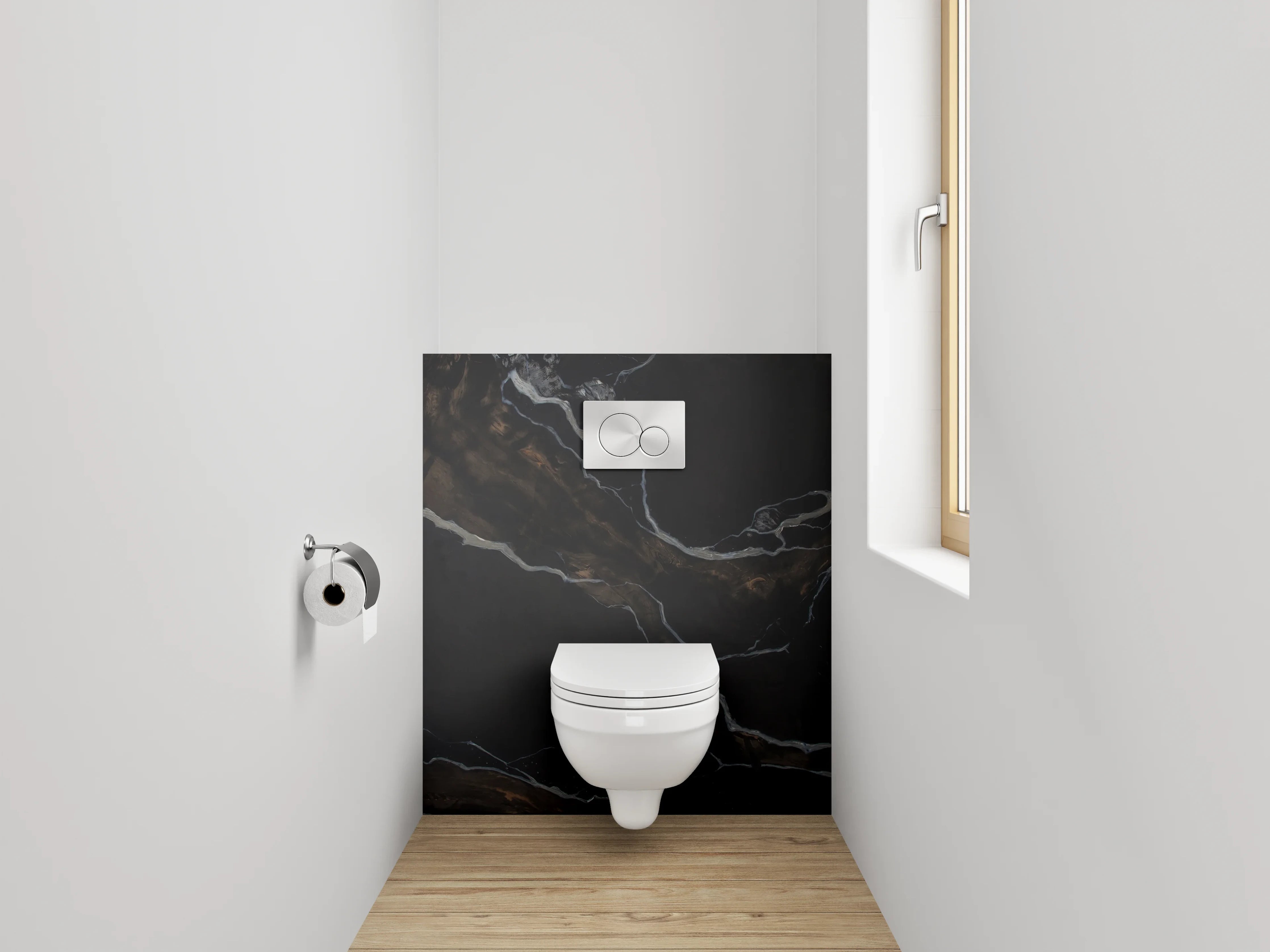 WC-Rückwand - Schwarzer Marmor mit goldbrauner Aderung