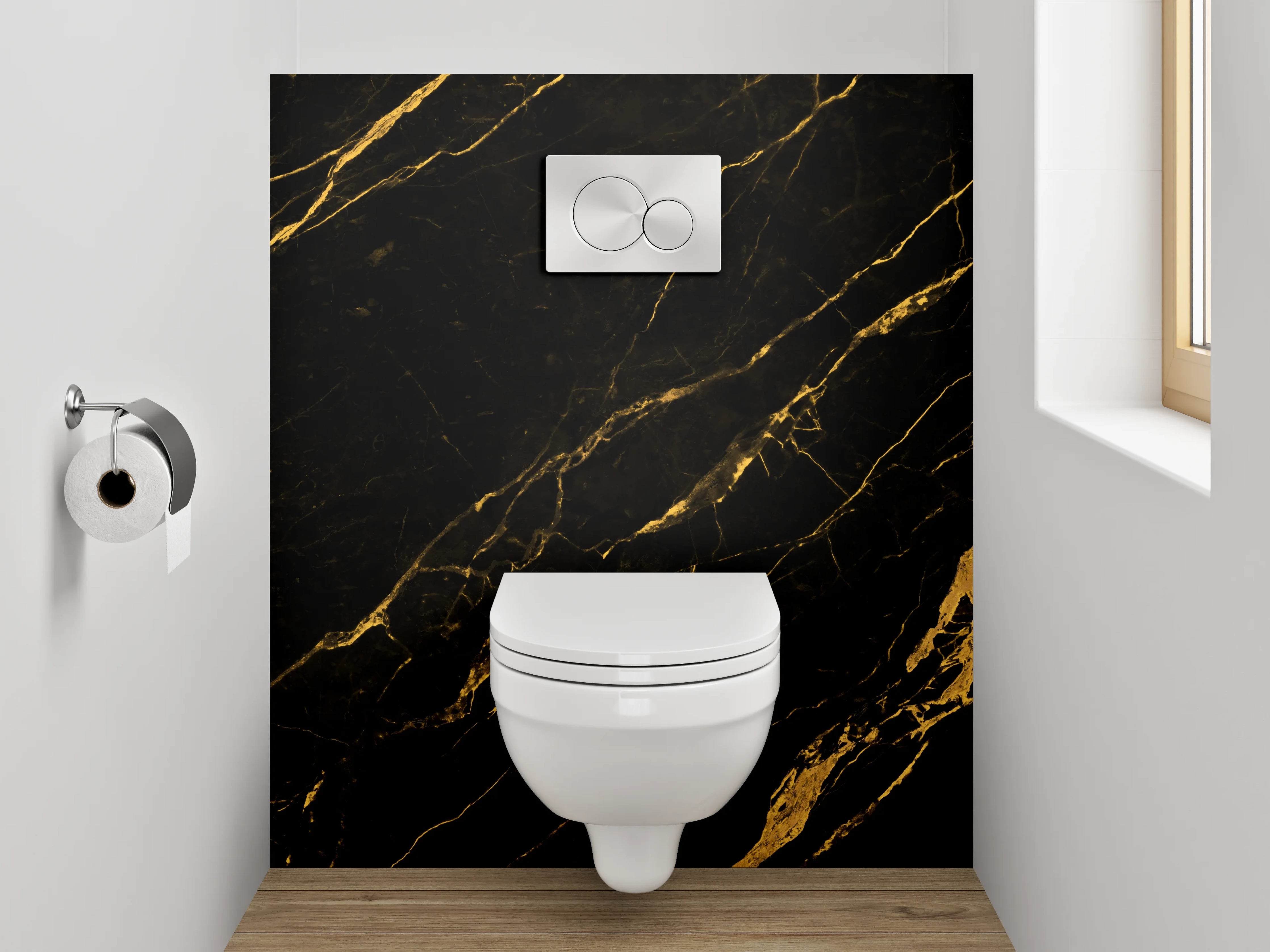 WC-Rückwand - Schwarzer Marmor mit goldener Maserung