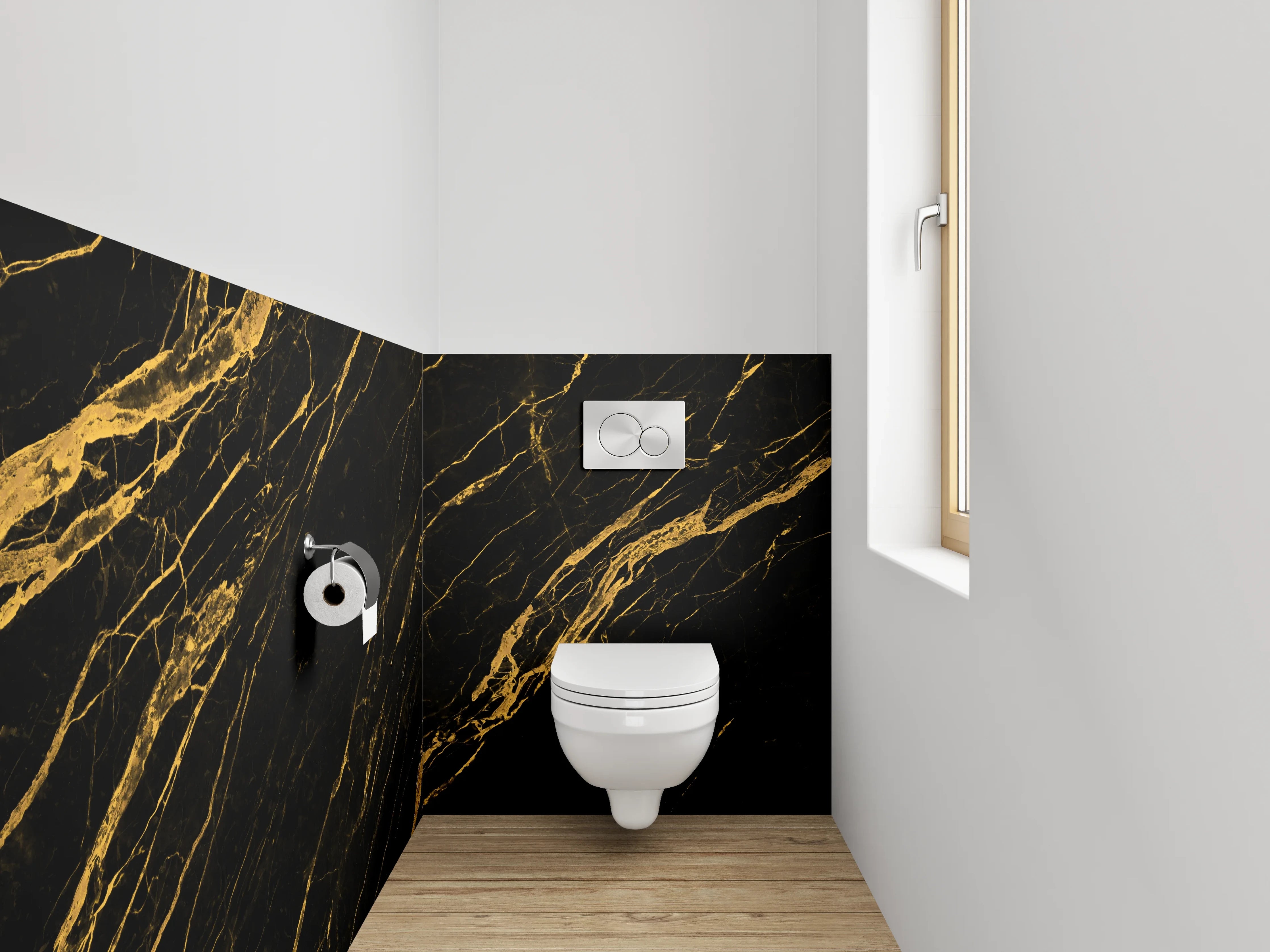 WC-Rückwand - Schwarzer Marmor mit goldener Maserung