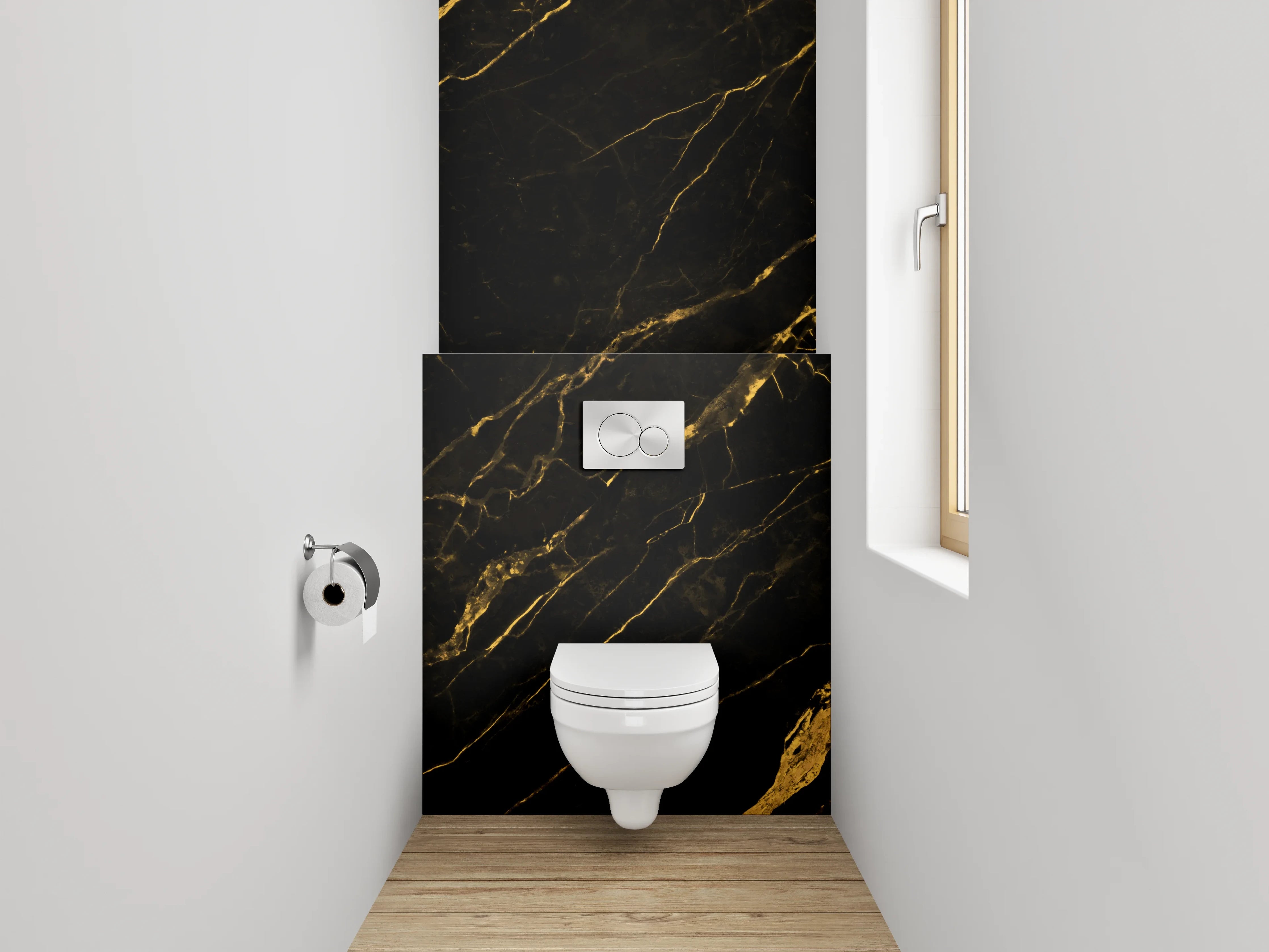 WC-Rückwand - Schwarzer Marmor mit goldener Maserung