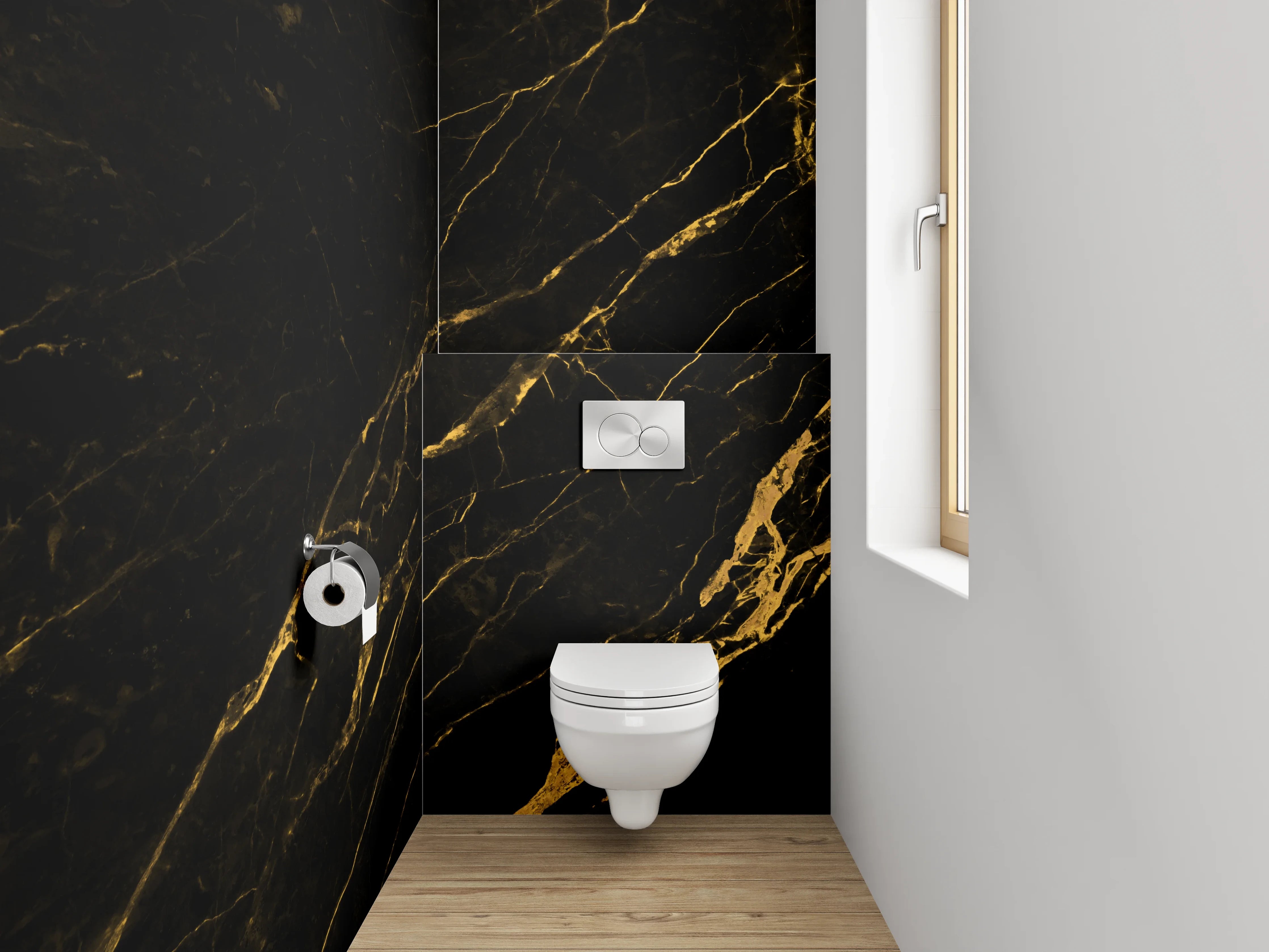 WC-Rückwand - Schwarzer Marmor mit goldener Maserung