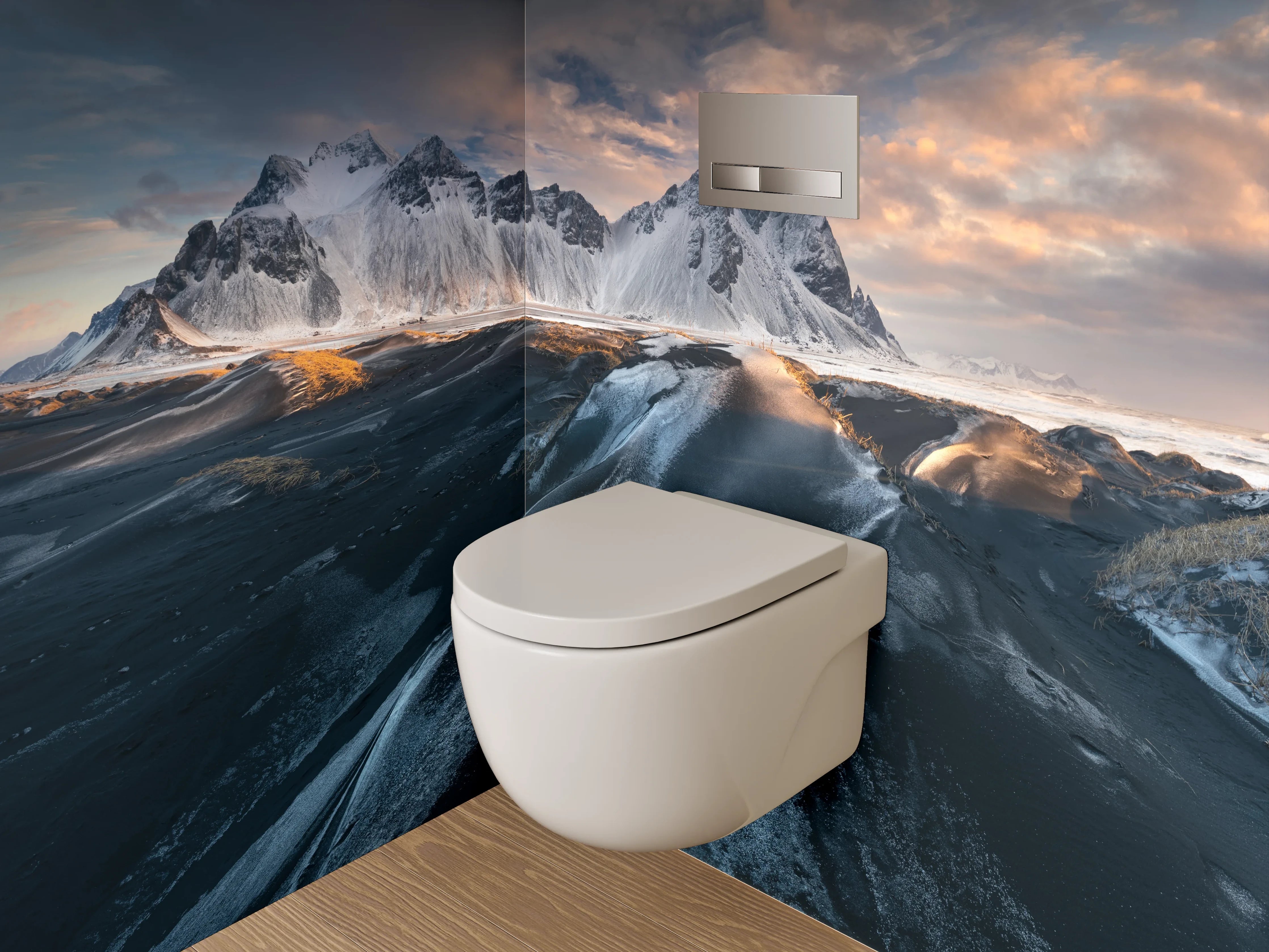 WC-Rückwand - Schwarzer Sandstrand mit schneebedeckten Bergen