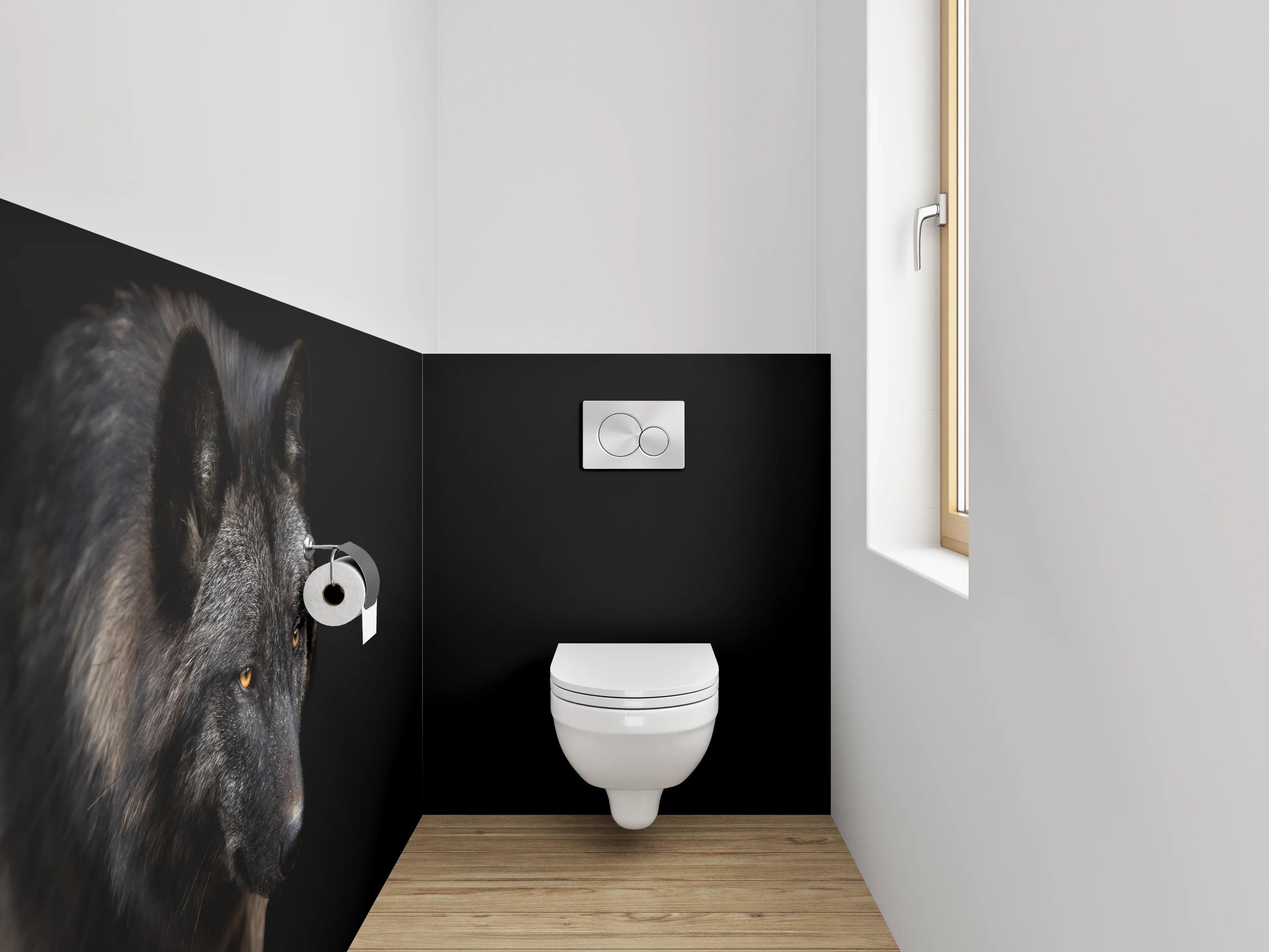 WC-Rückwand - Schwarzer Wolf auf dunklem Hintergrund