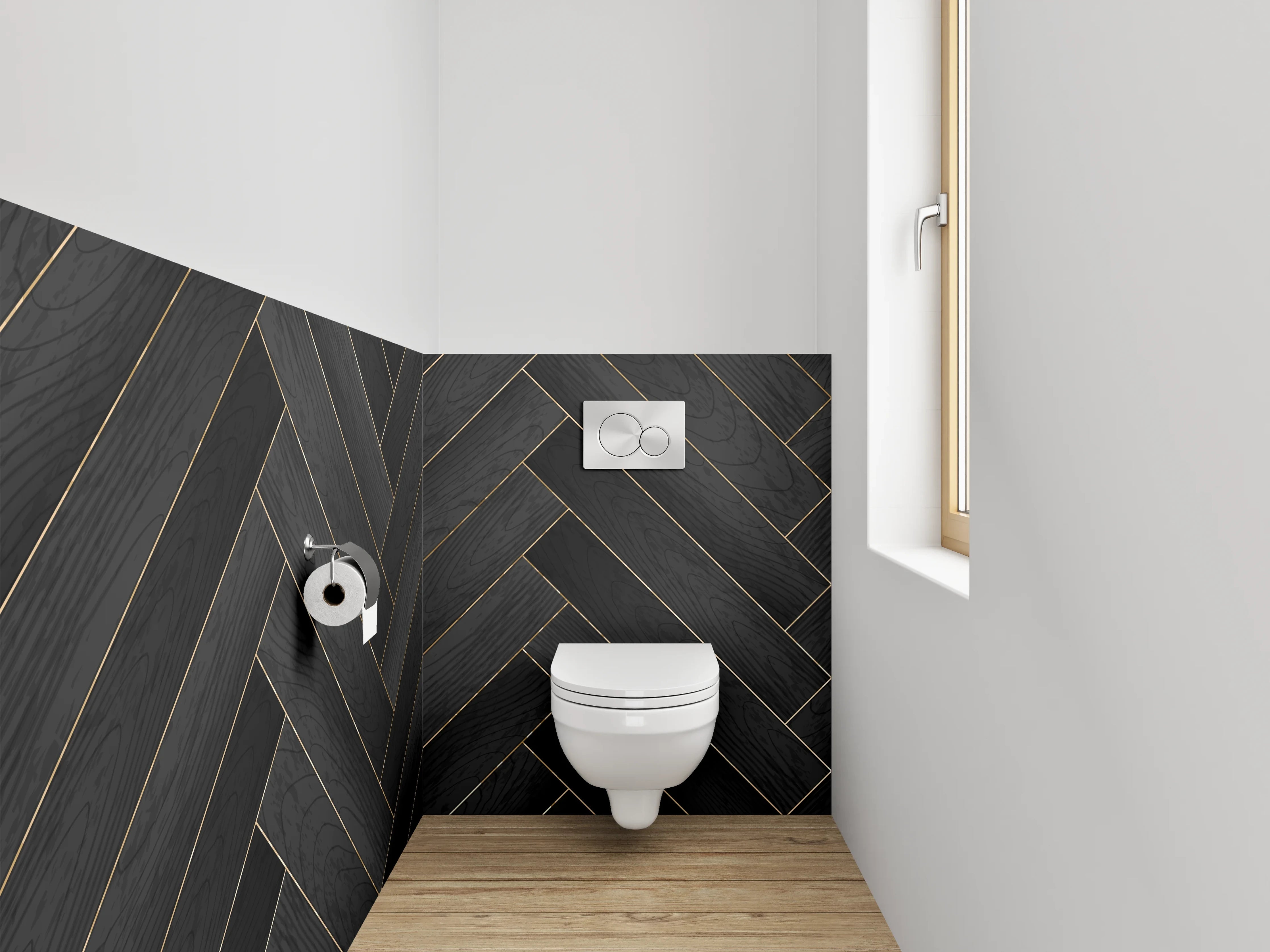 WC-Rückwand - Schwarzes Fischgrät Holz Musterfliese