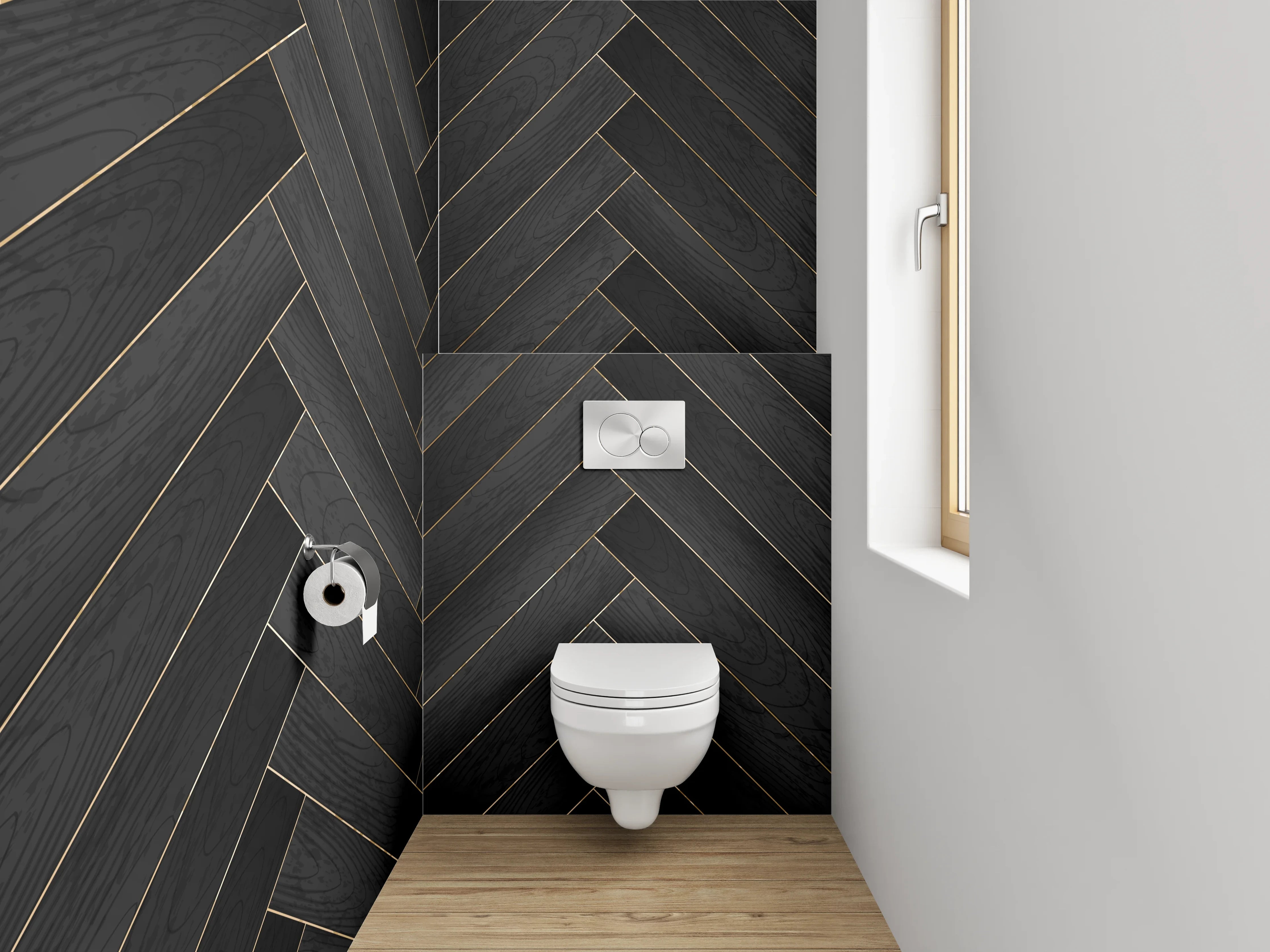 WC-Rückwand - Schwarzes Fischgrät Holz Musterfliese