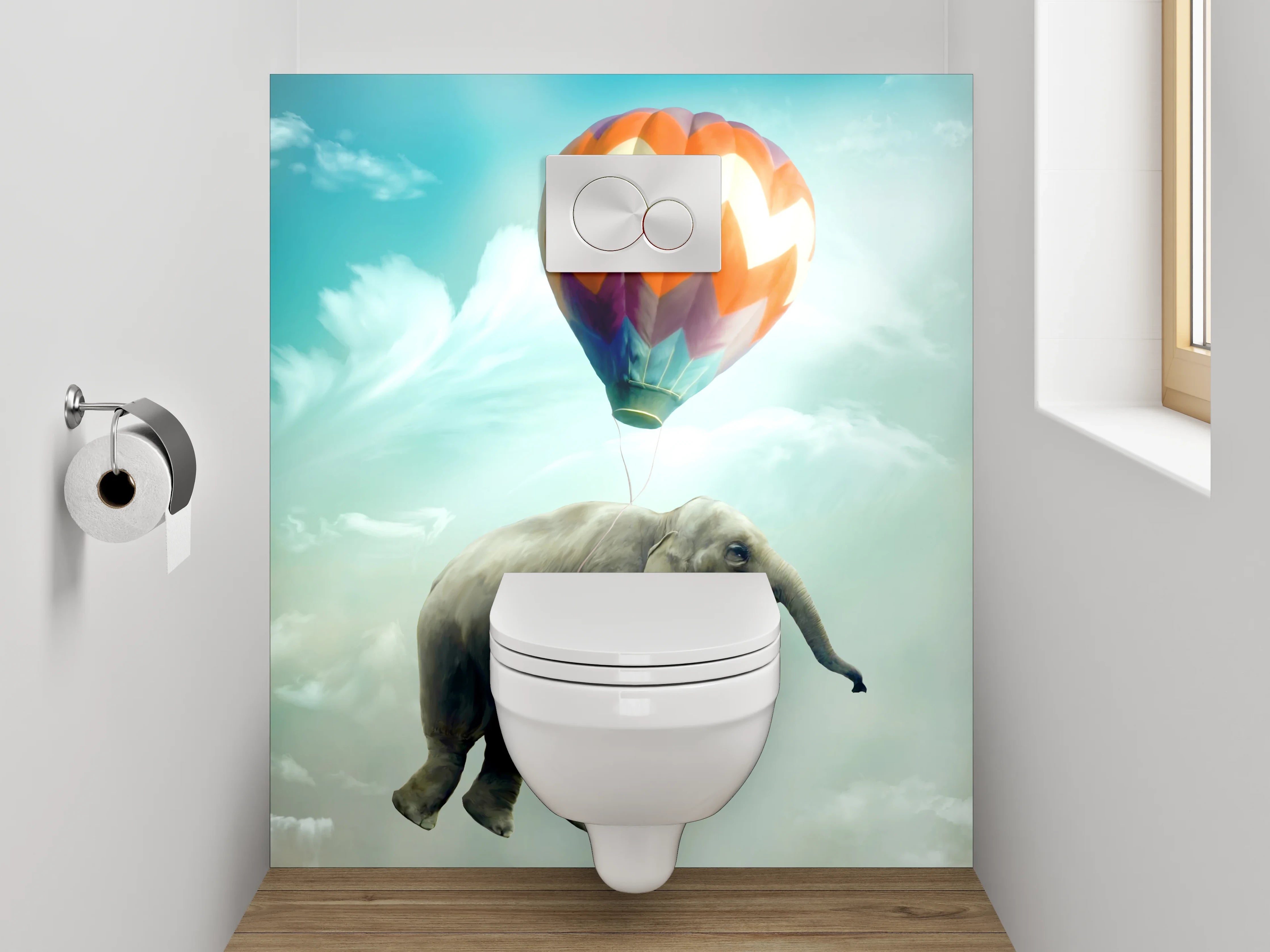 WC-Rückwand - Schwebender Elefant mit Ballon