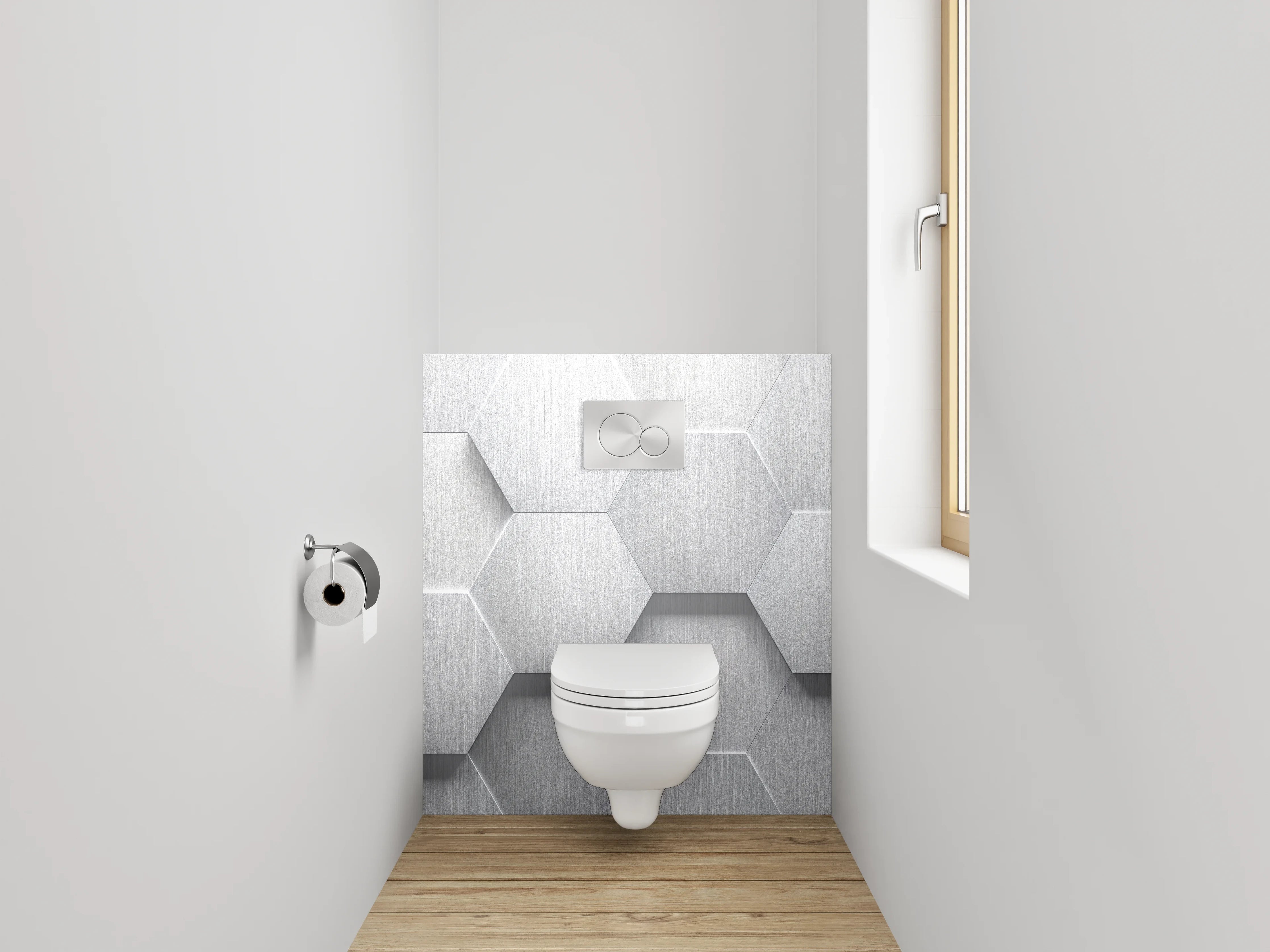 WC-Rückwand - Sechseckige 3D-Muster Grau Weiß Silber
