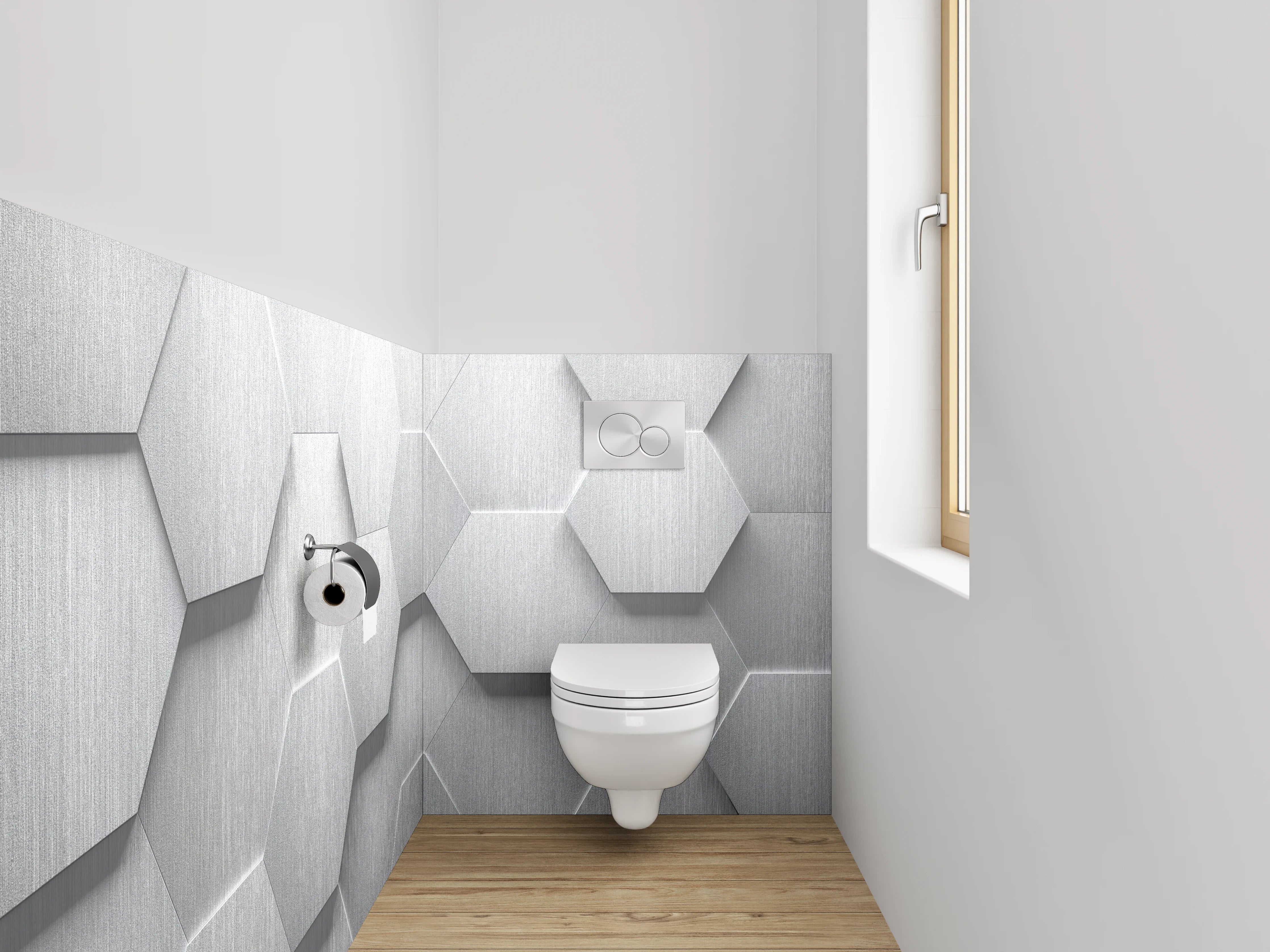 WC-Rückwand - Sechseckige 3D-Muster Grau Weiß Silber