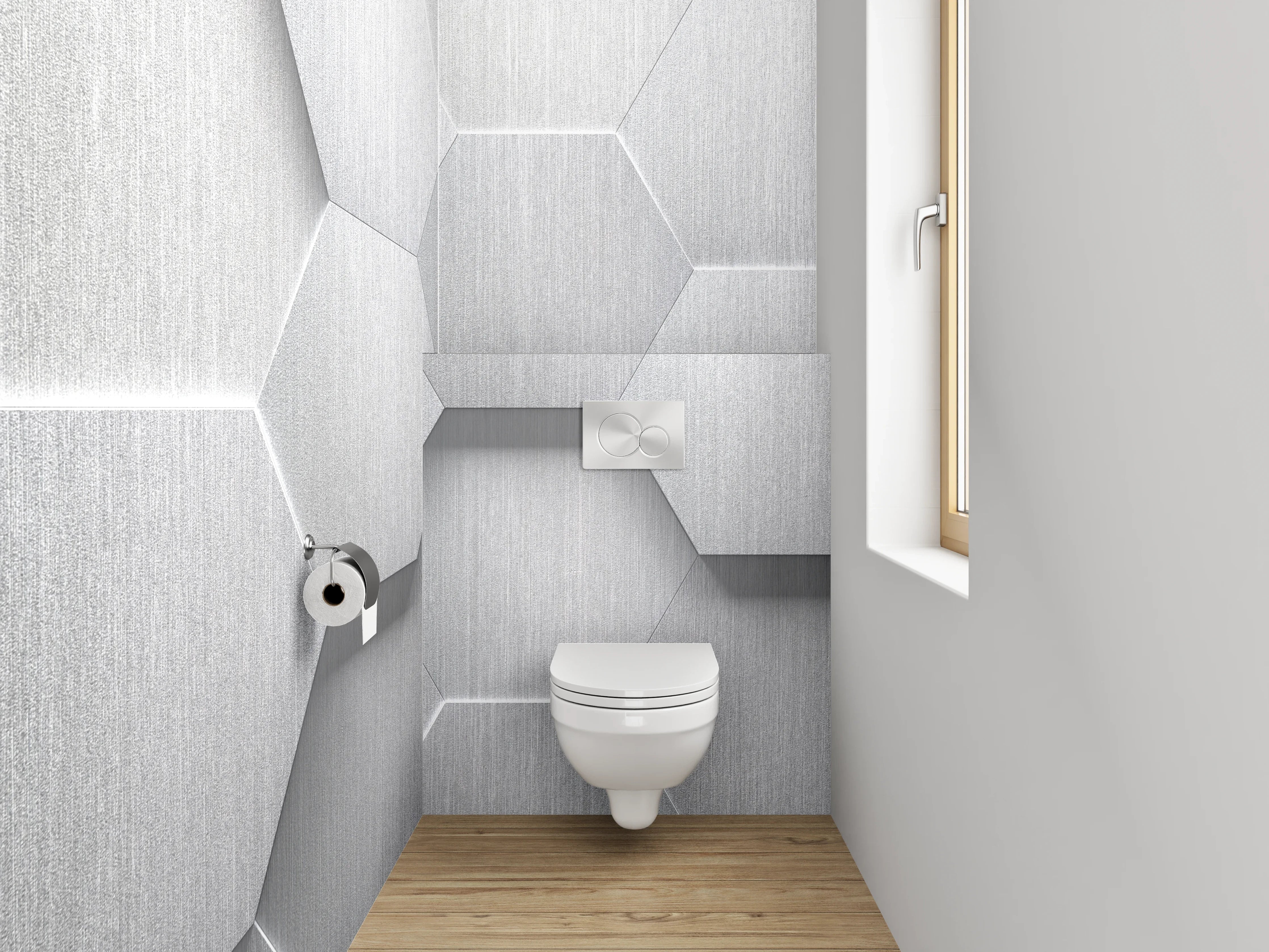 WC-Rückwand - Sechseckige 3D-Muster Grau Weiß Silber