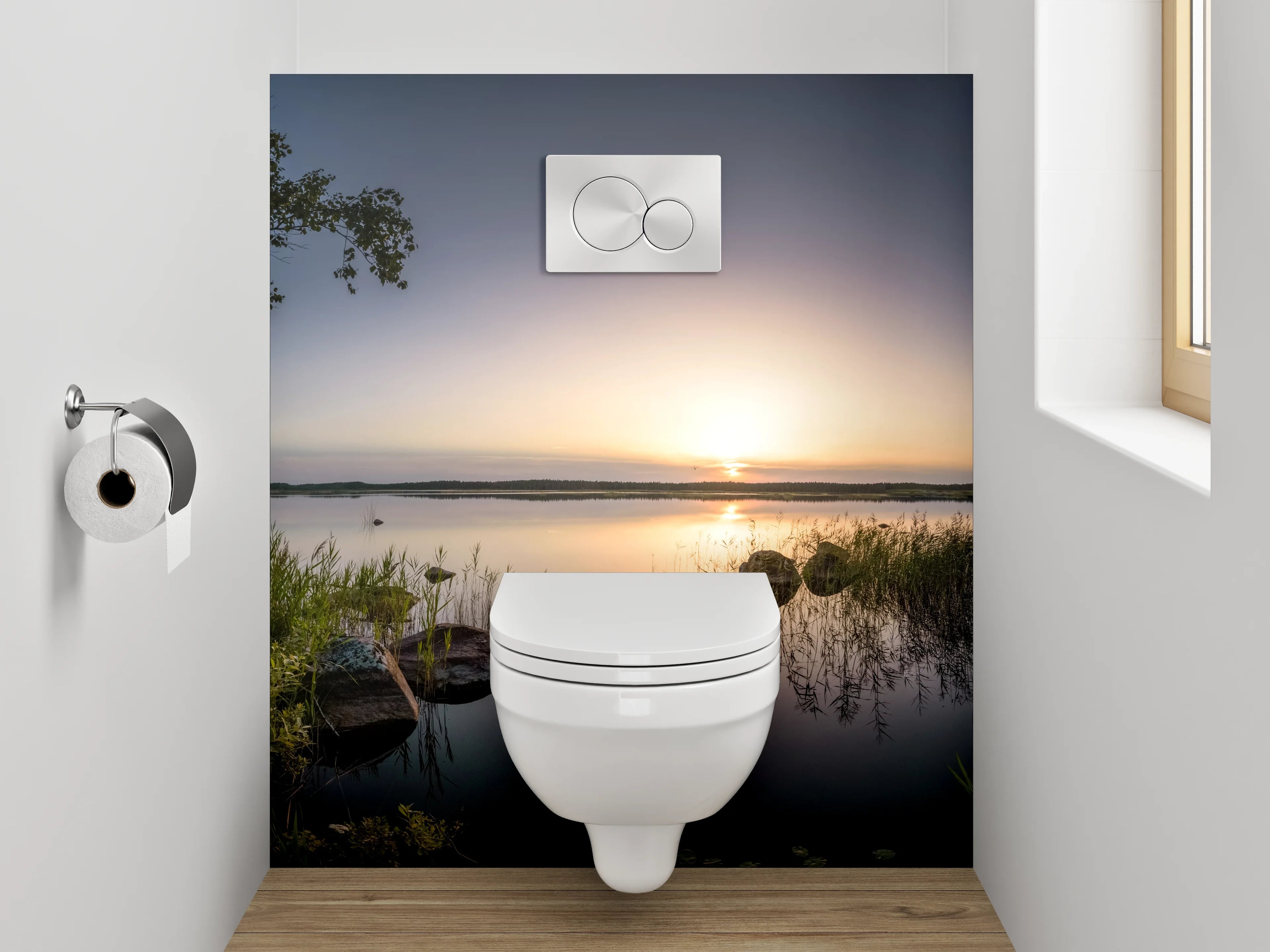 WC-Rückwand - See mit Sonnenuntergang und Bäumen