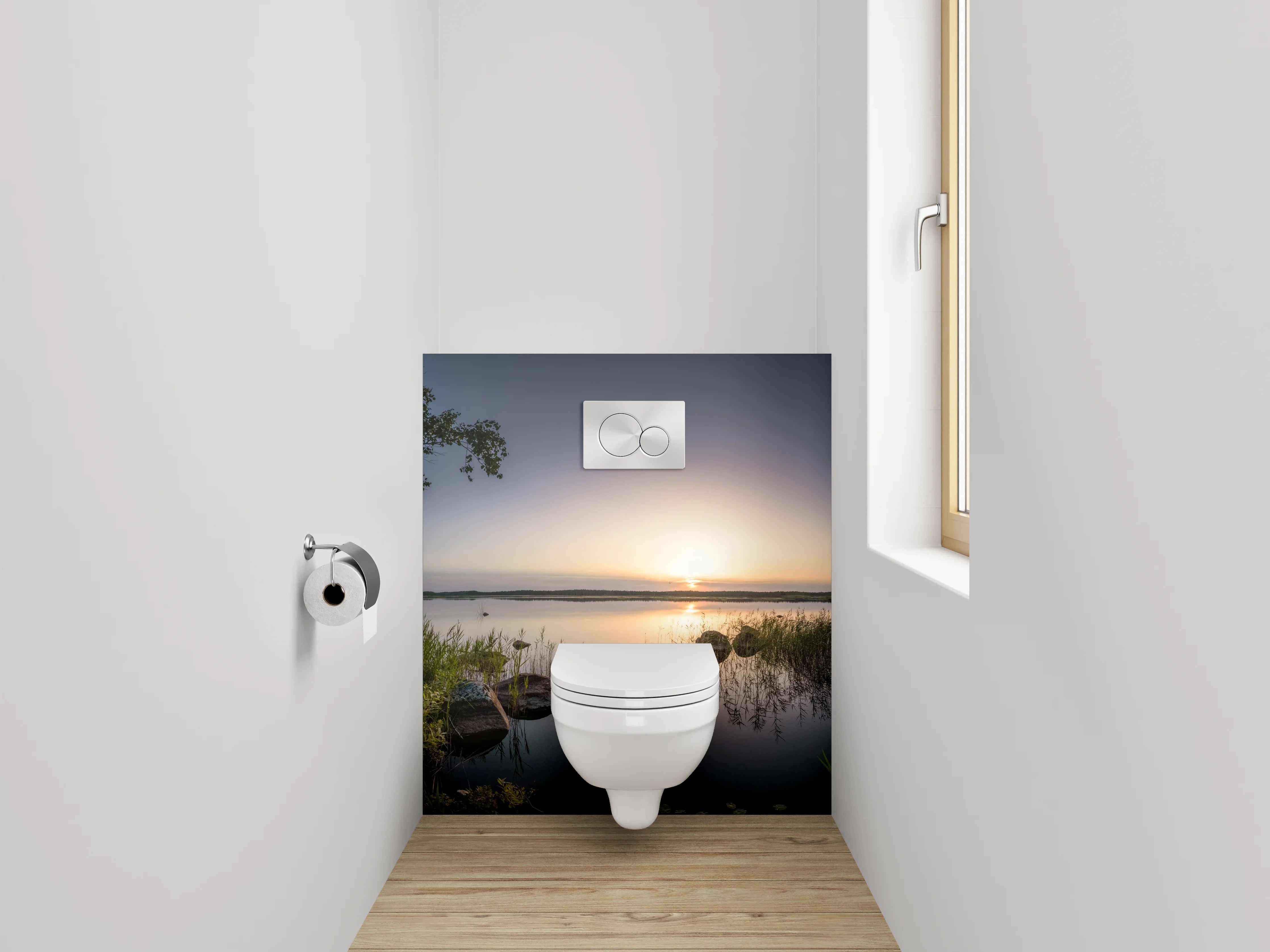 WC-Rückwand - See mit Sonnenuntergang und Bäumen