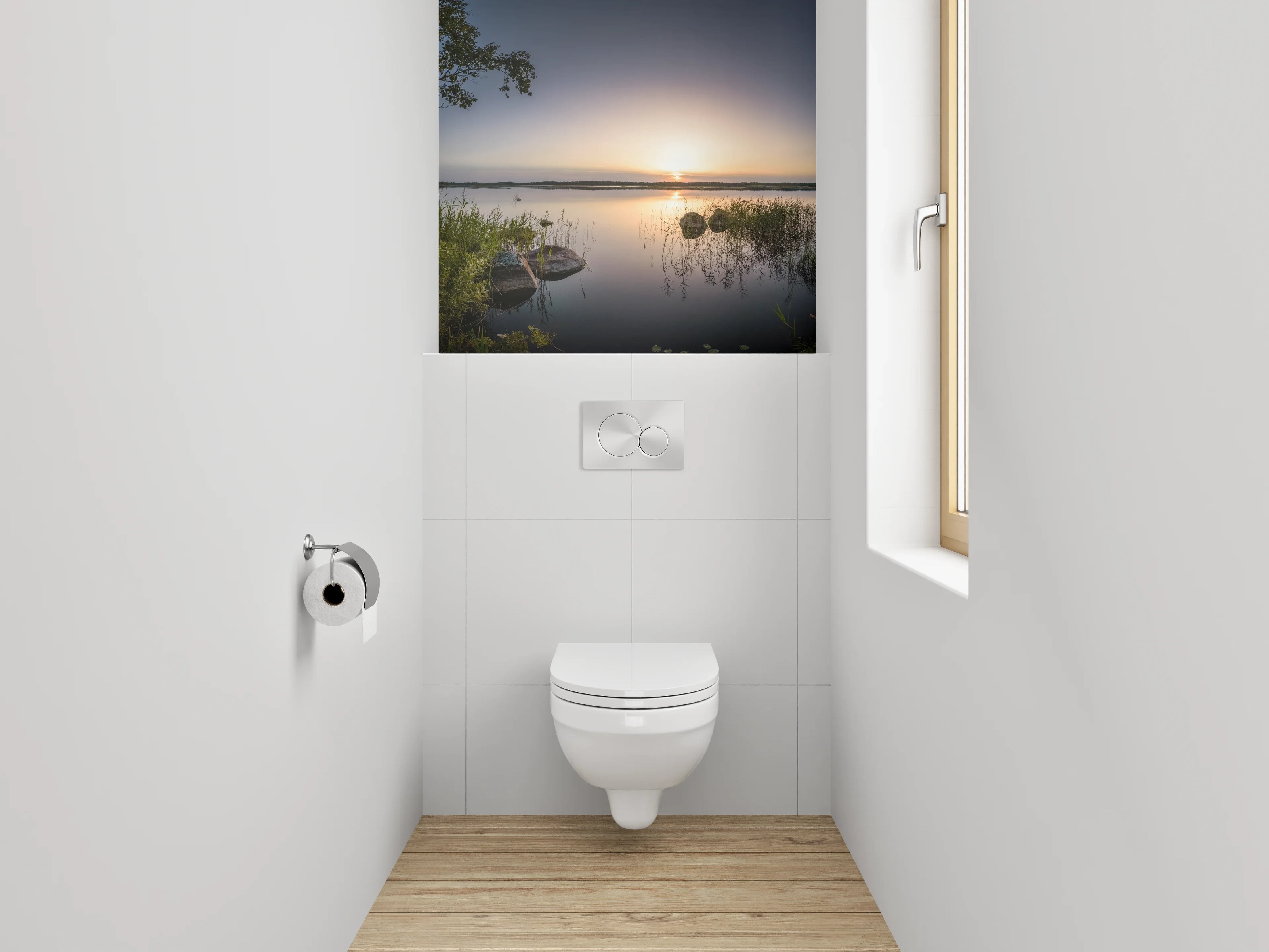 WC-Rückwand - See mit Sonnenuntergang und Bäumen