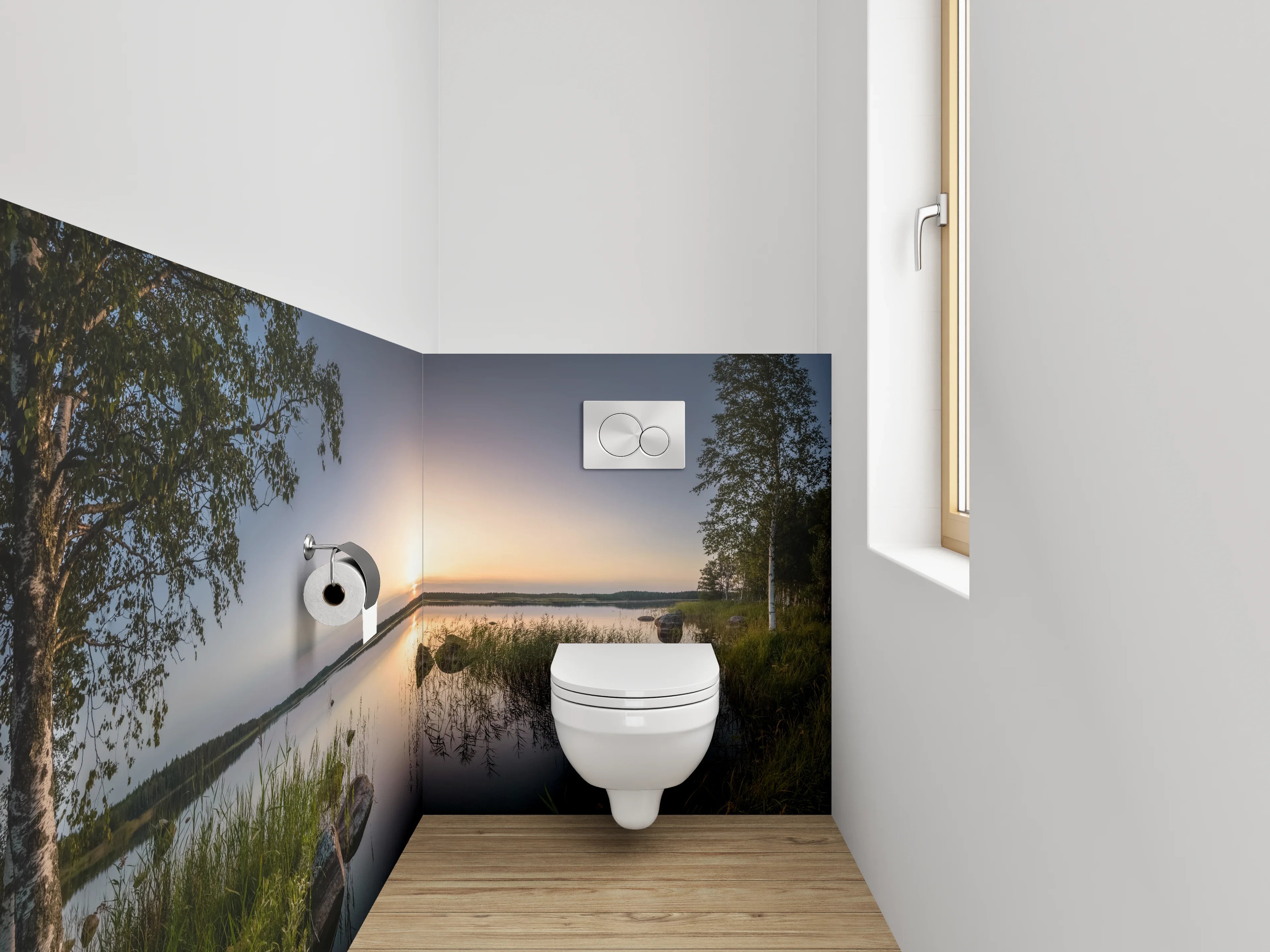 WC-Rückwand - See mit Sonnenuntergang und Bäumen