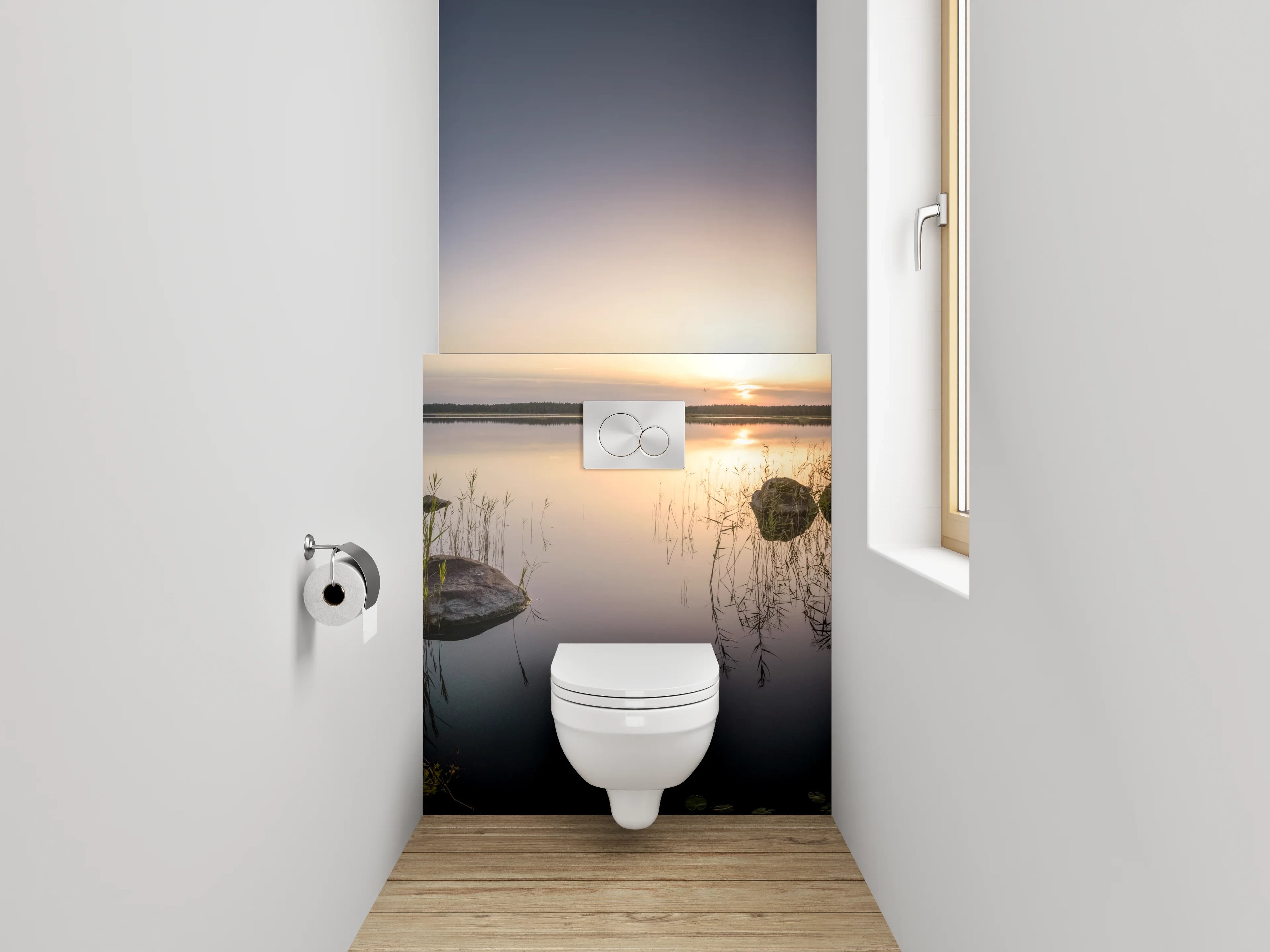 WC-Rückwand - See mit Sonnenuntergang und Bäumen
