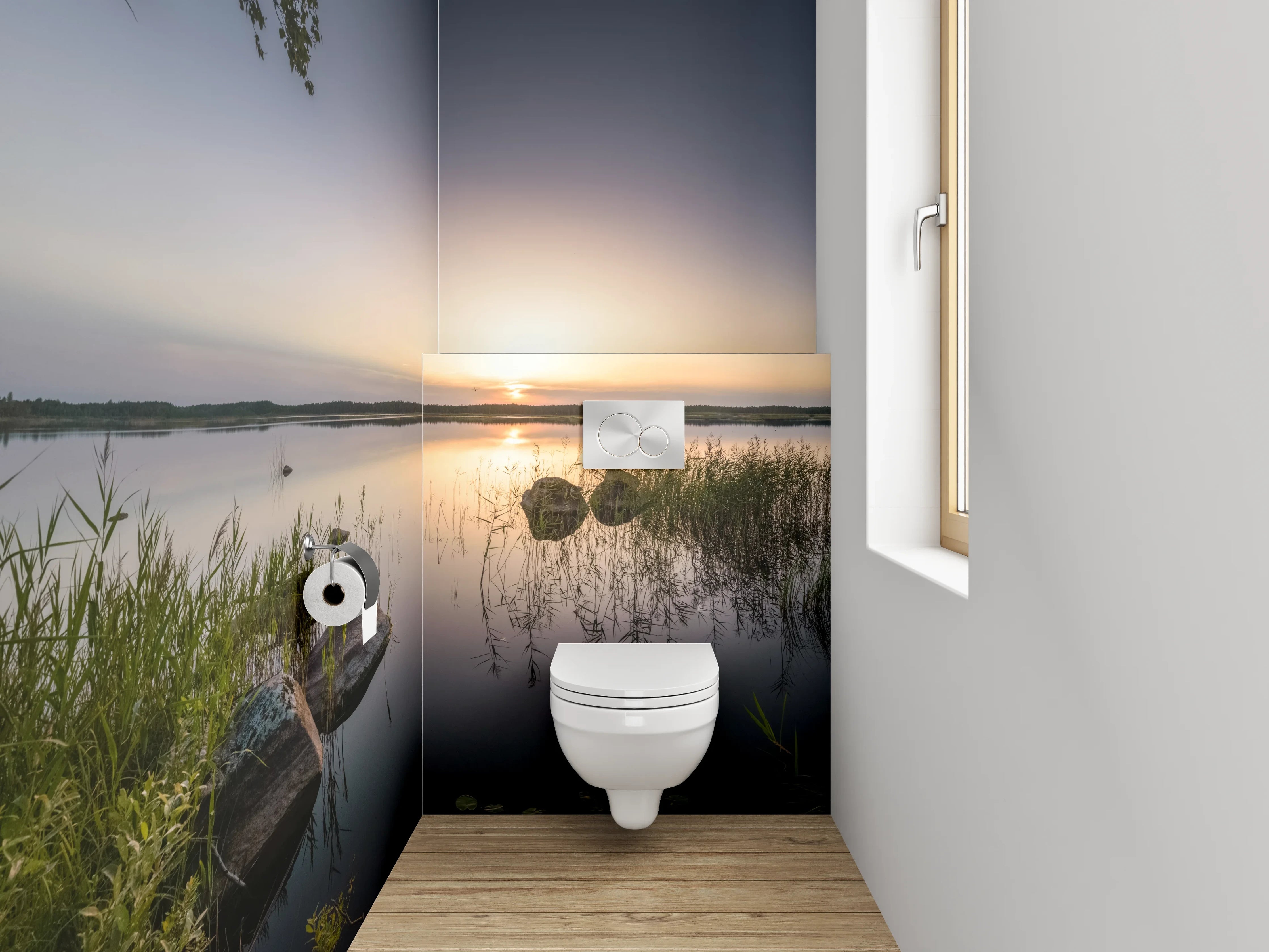 WC-Rückwand - See mit Sonnenuntergang und Bäumen