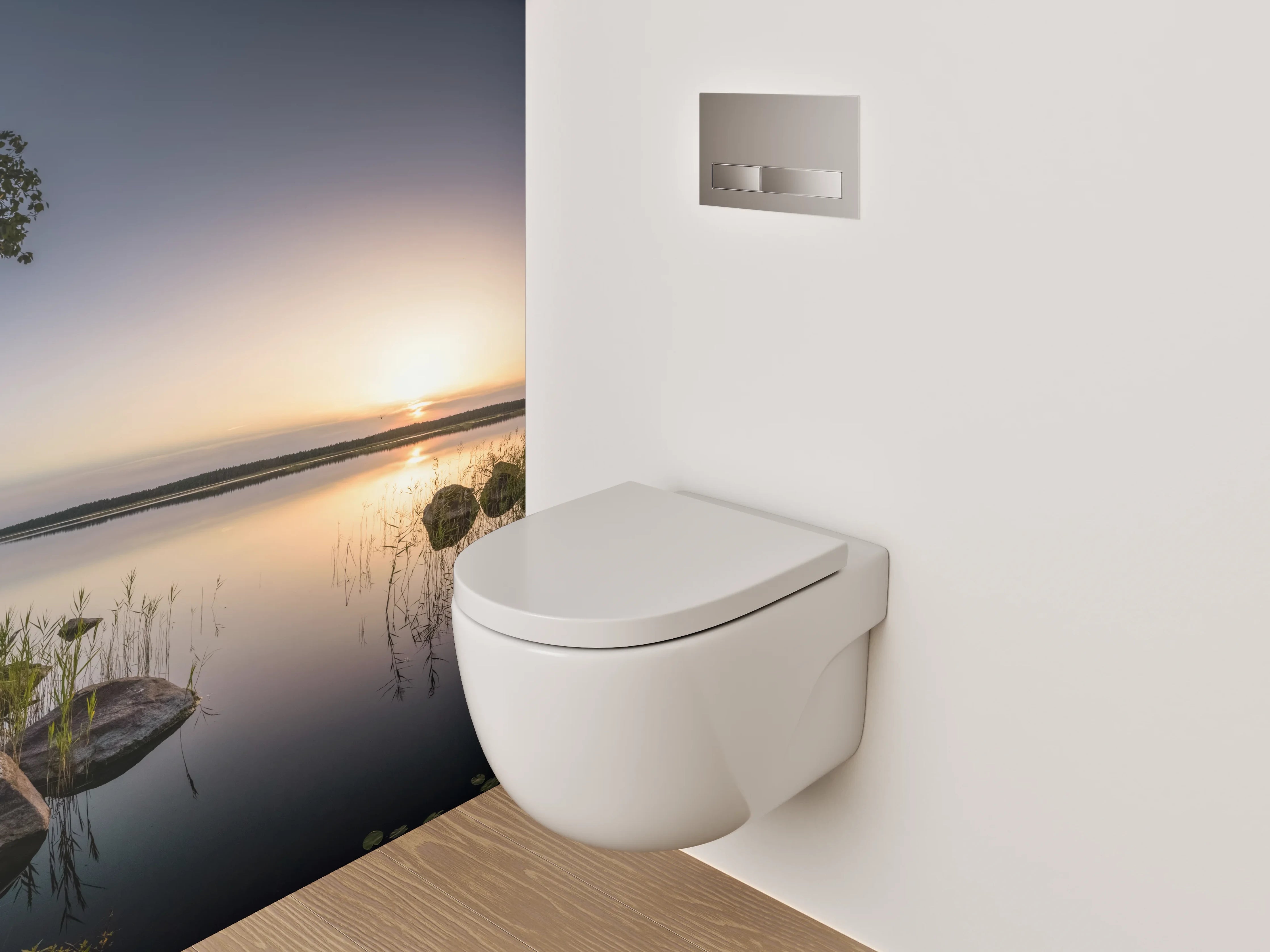 WC-Rückwand - See mit Sonnenuntergang und Bäumen