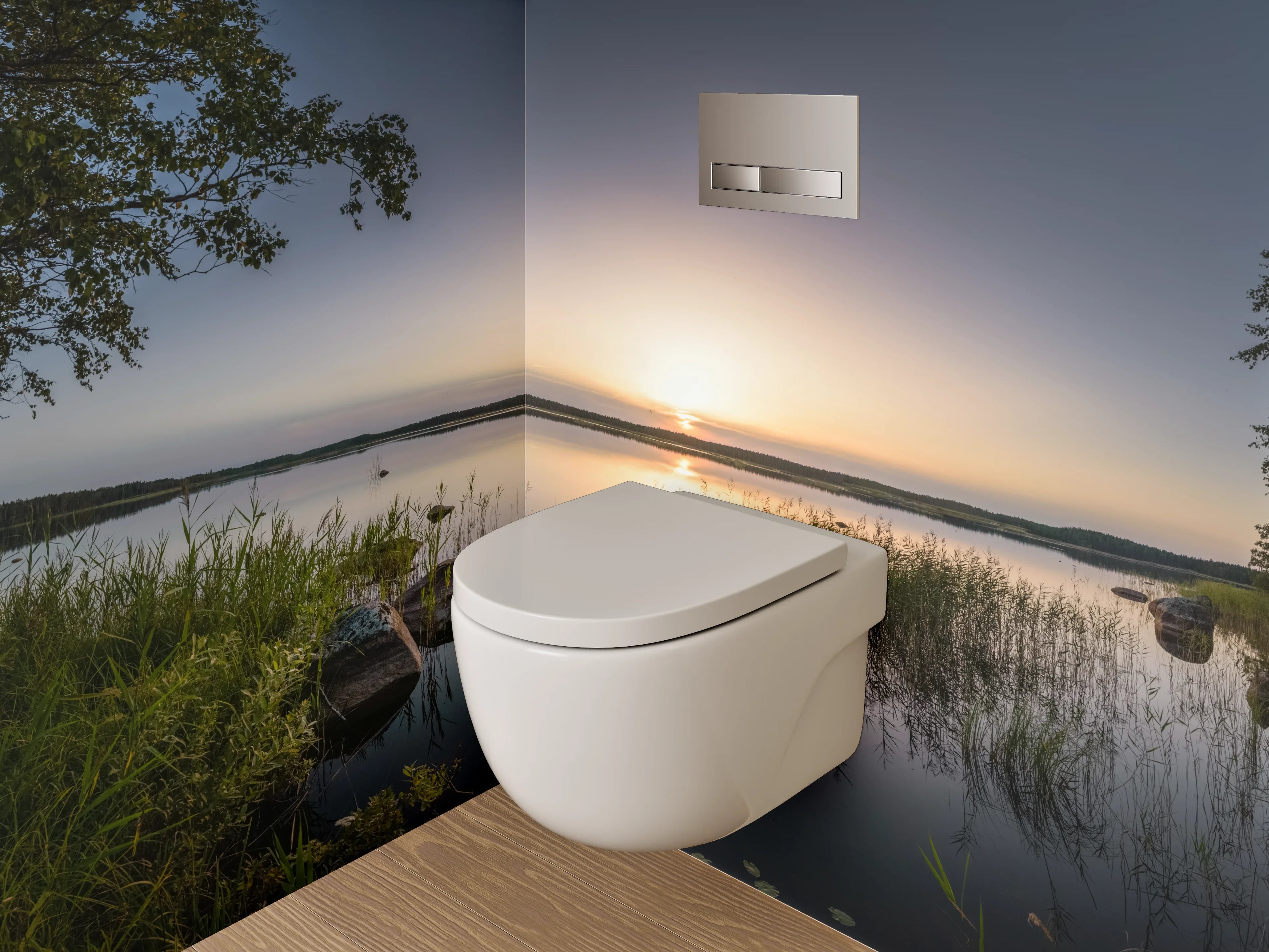 WC-Rückwand - See mit Sonnenuntergang und Bäumen