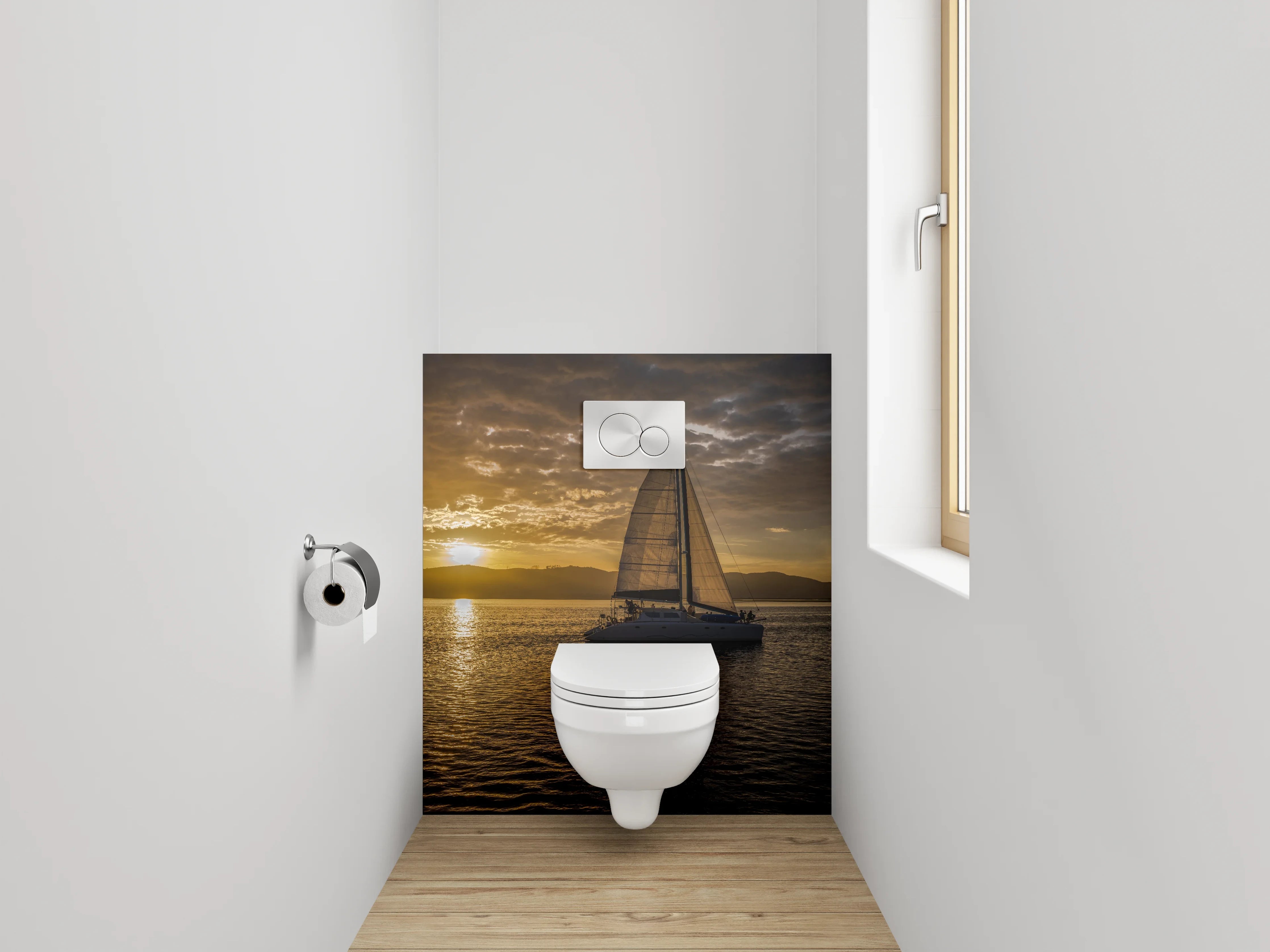WC-Rückwand - Segelboot bei Sonnenuntergang Panorama