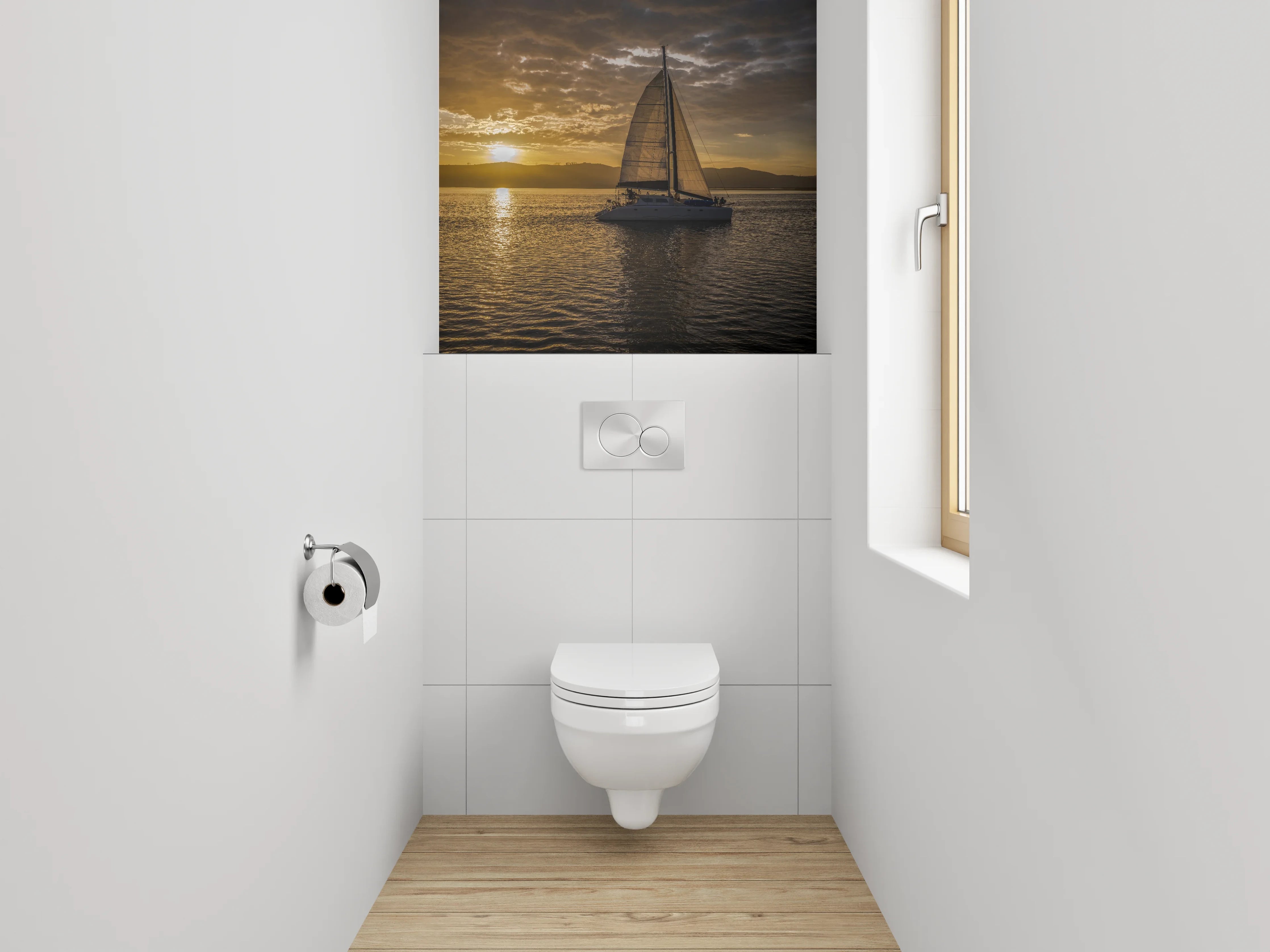 WC-Rückwand - Segelboot bei Sonnenuntergang Panorama