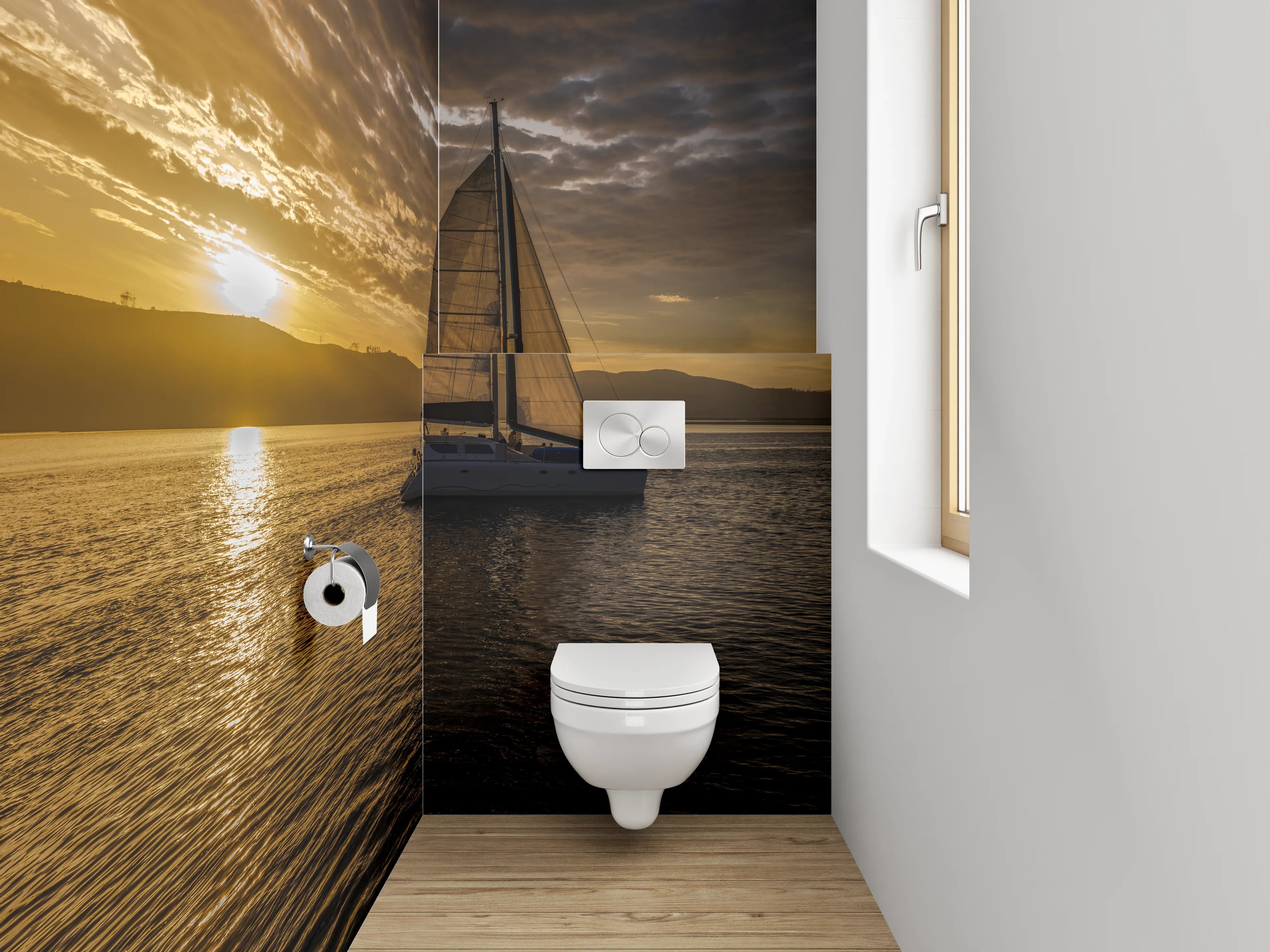 WC-Rückwand - Segelboot bei Sonnenuntergang Panorama