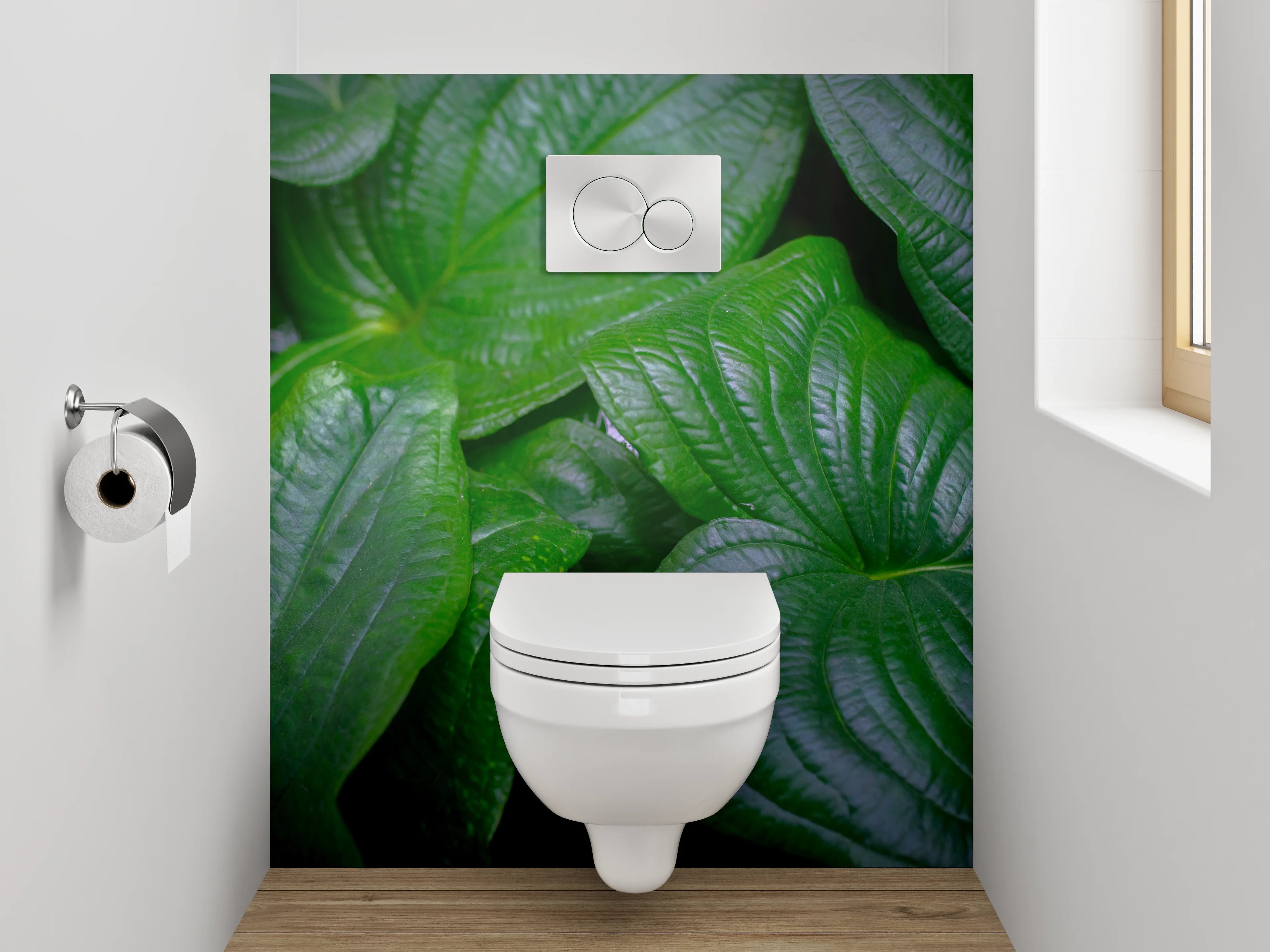 WC-Rückwand - Silbergraue Blätter auf Weiß