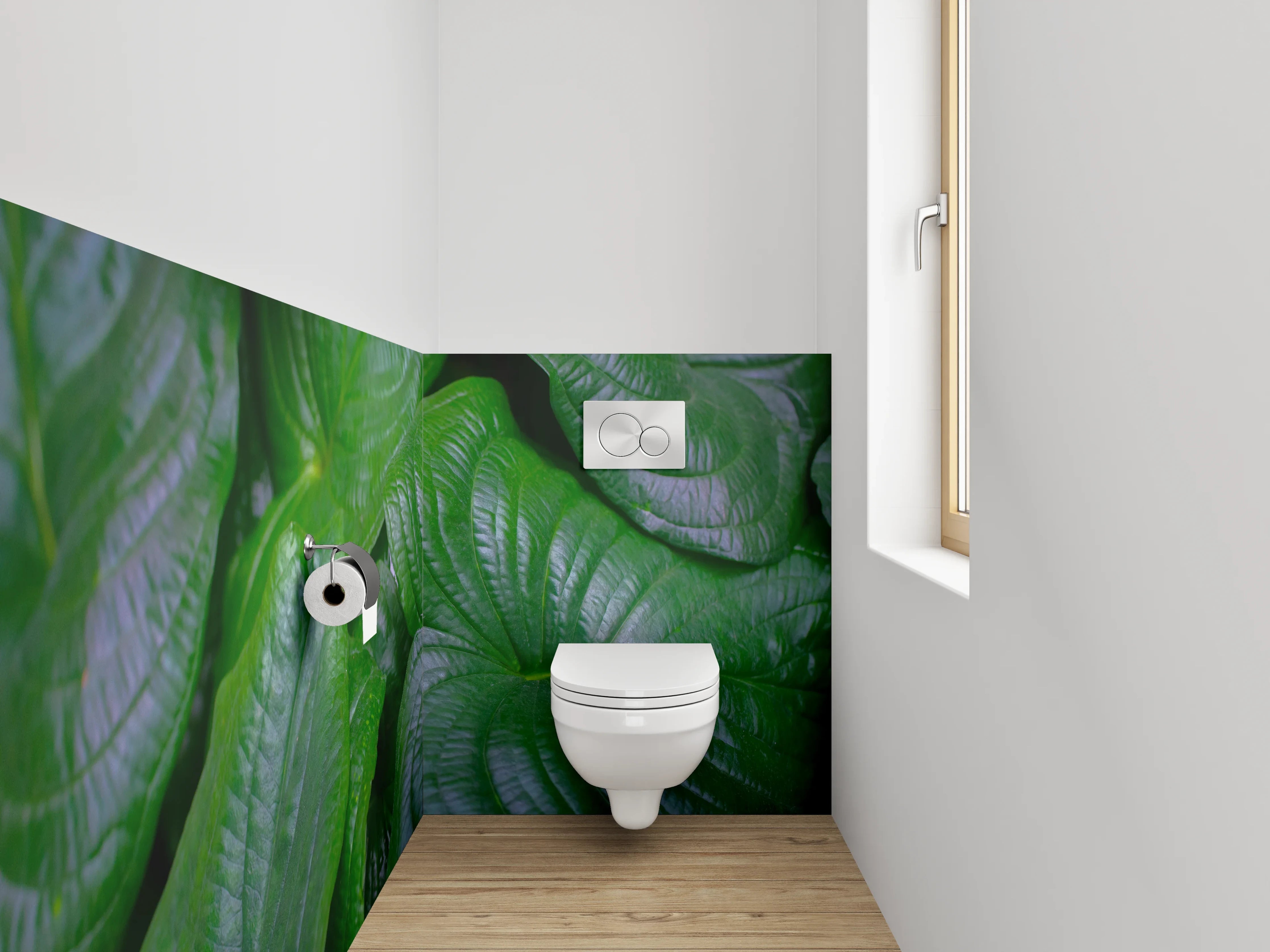 WC-Rückwand - Silbergraue Blätter auf Weiß
