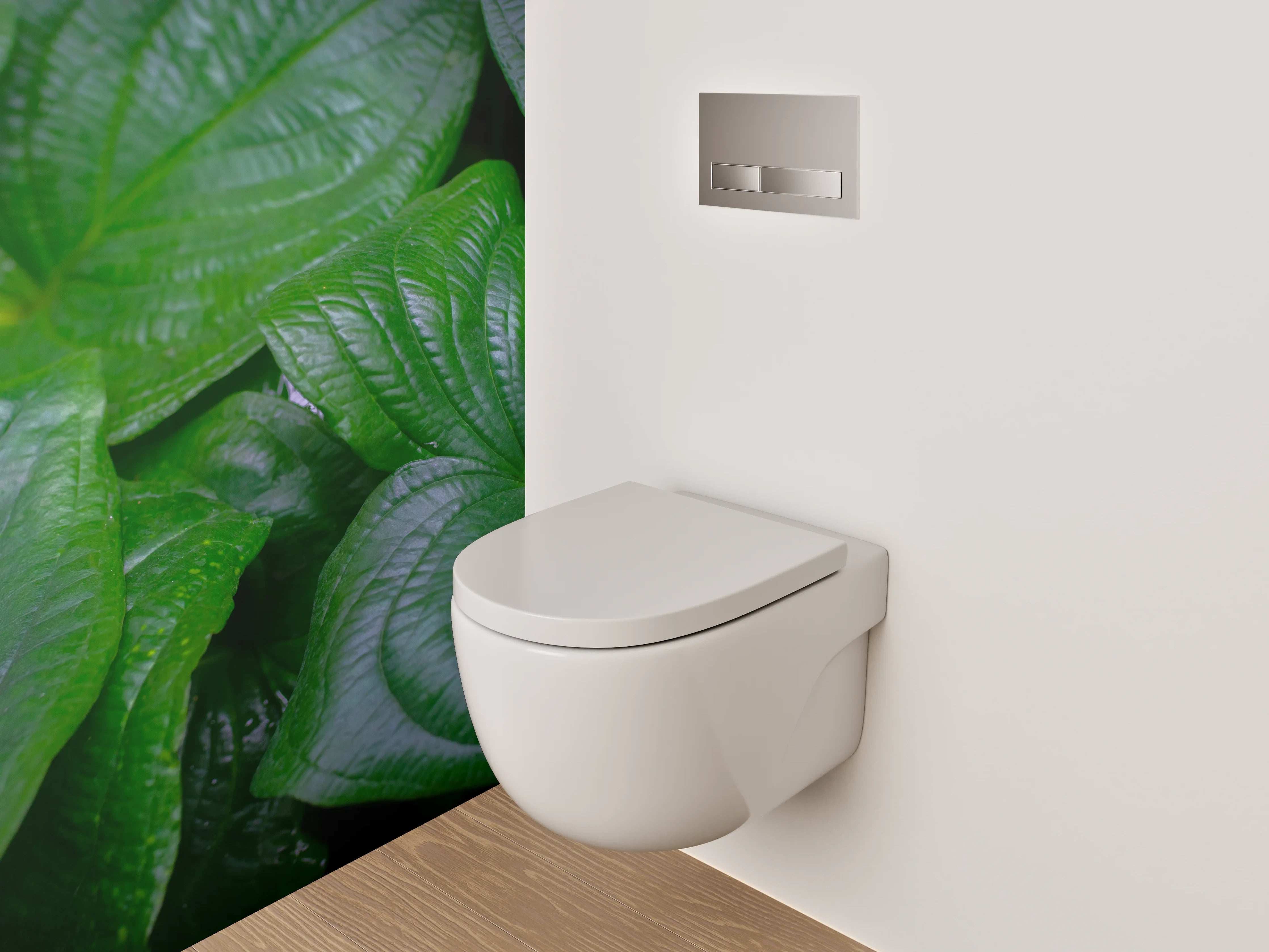 WC-Rückwand - Silbergraue Blätter auf Weiß