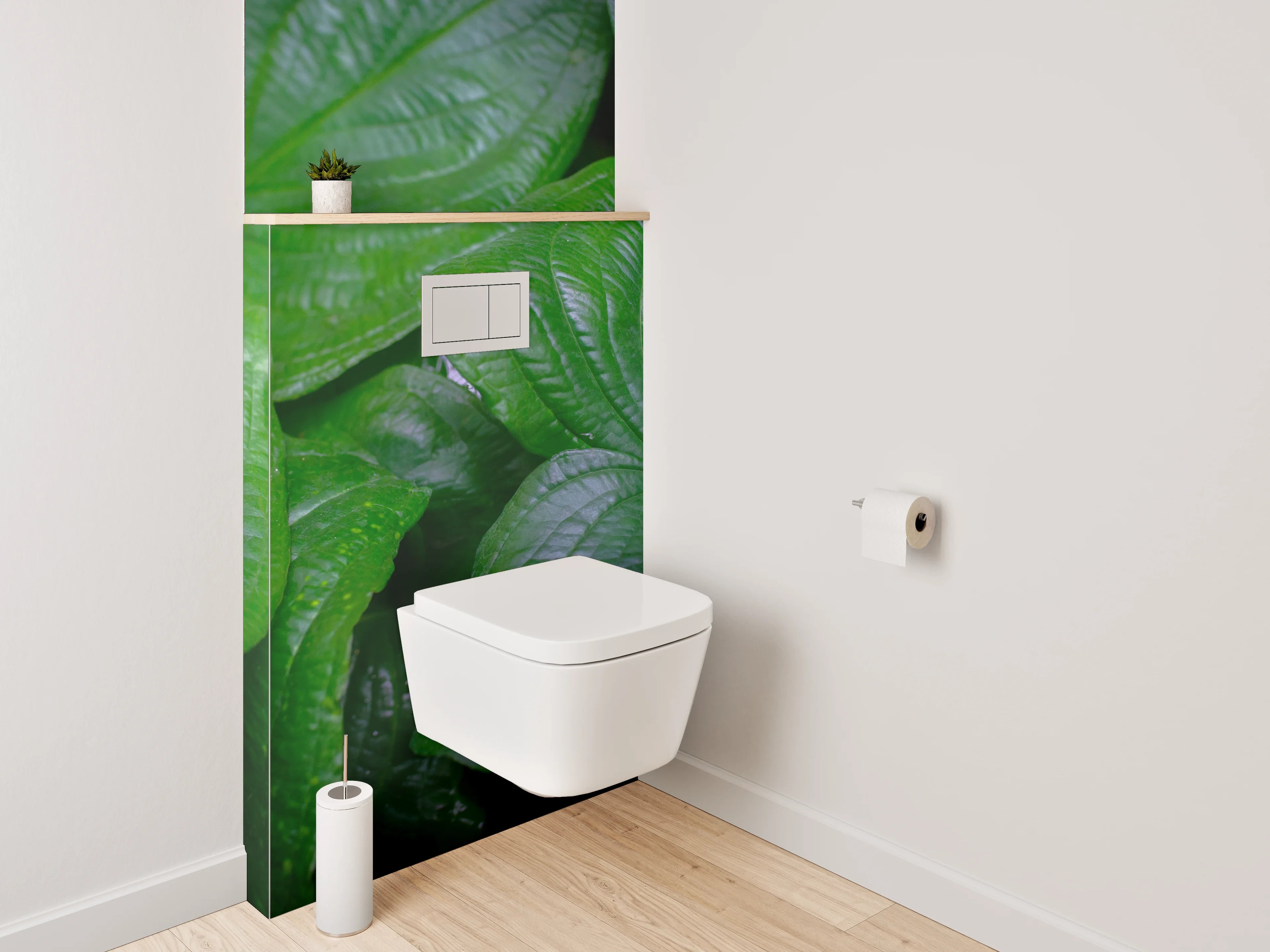 WC-Rückwand - Silbergraue Blätter auf Weiß