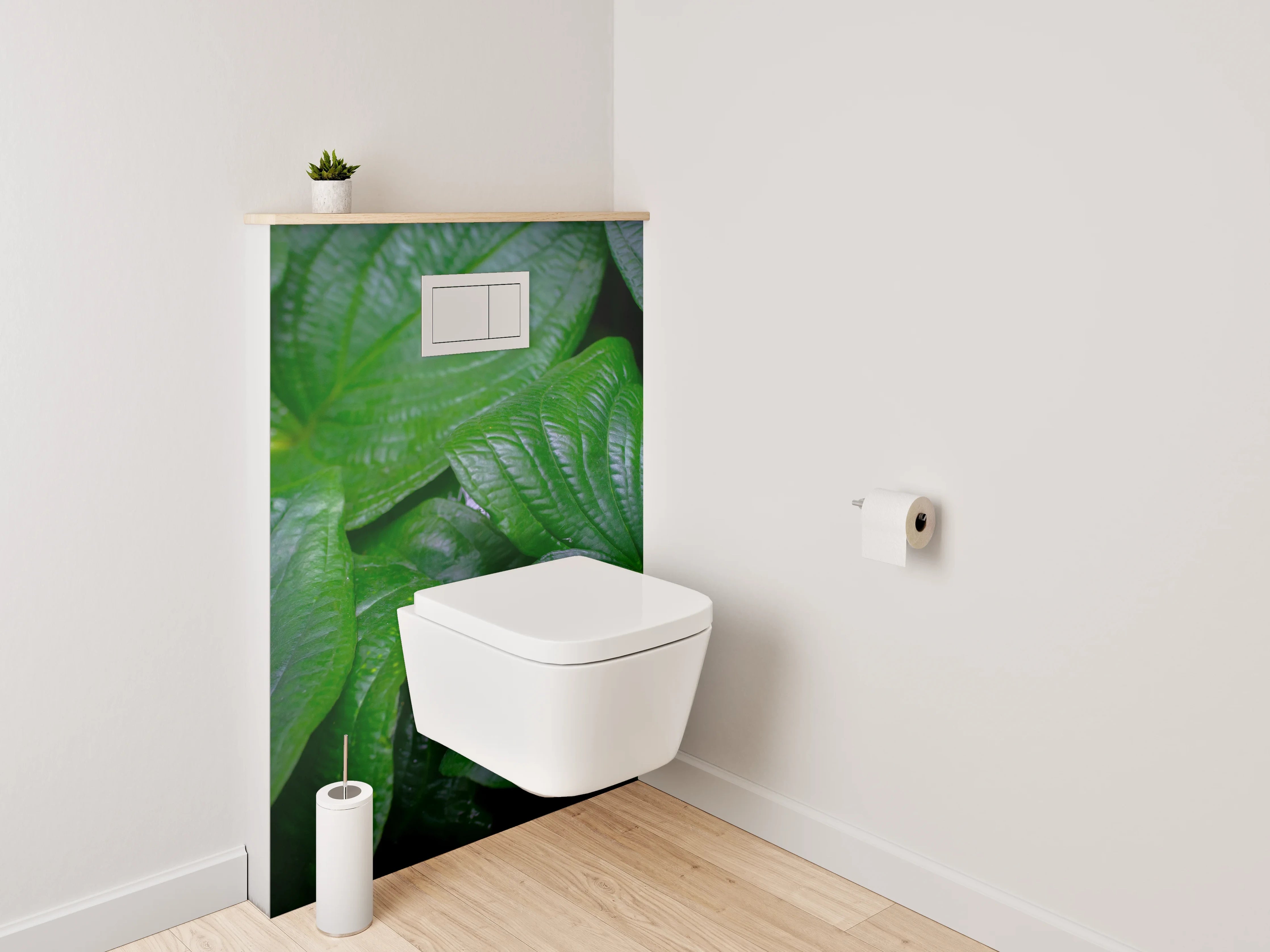 WC-Rückwand - Silbergraue Blätter auf Weiß