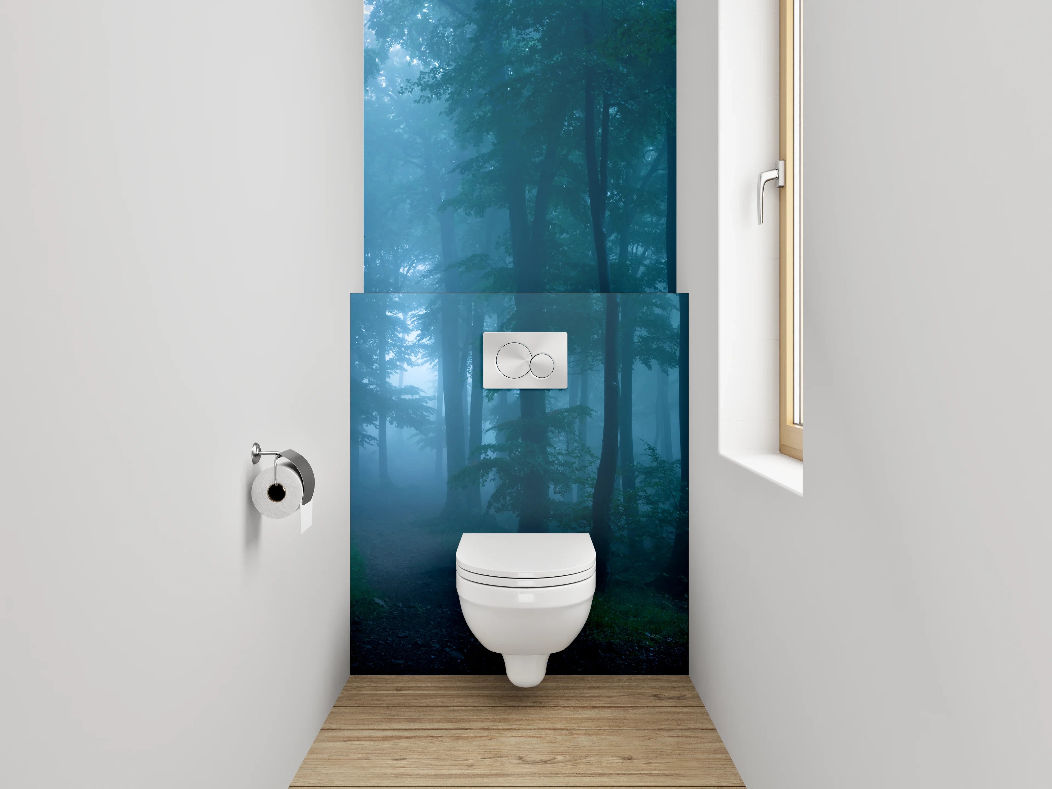 WC-Rückwand - Silbergraue Nebelschleier im Zauberwald
