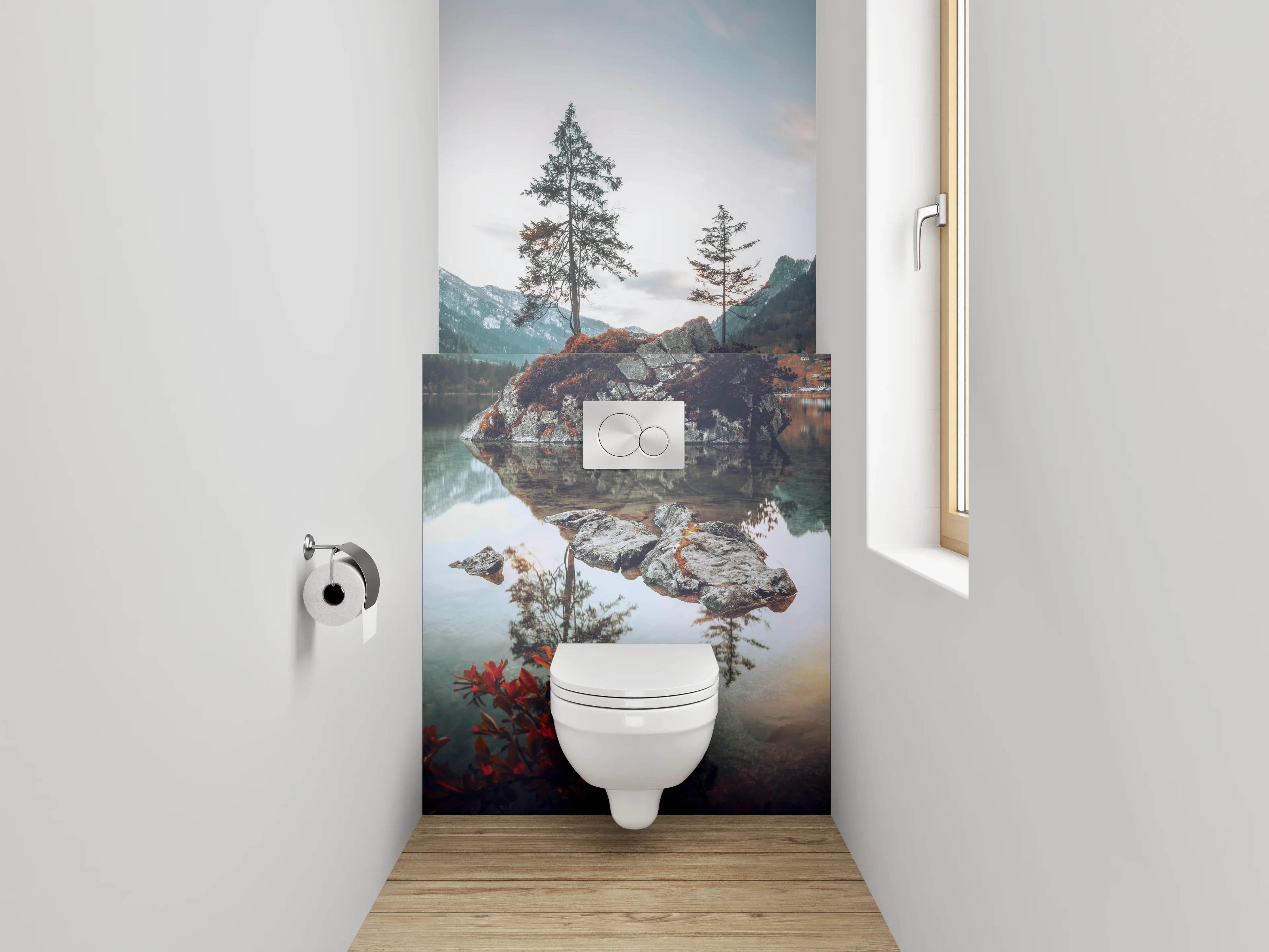 WC-Rückwand - Silbergraue Stille am Seeufer