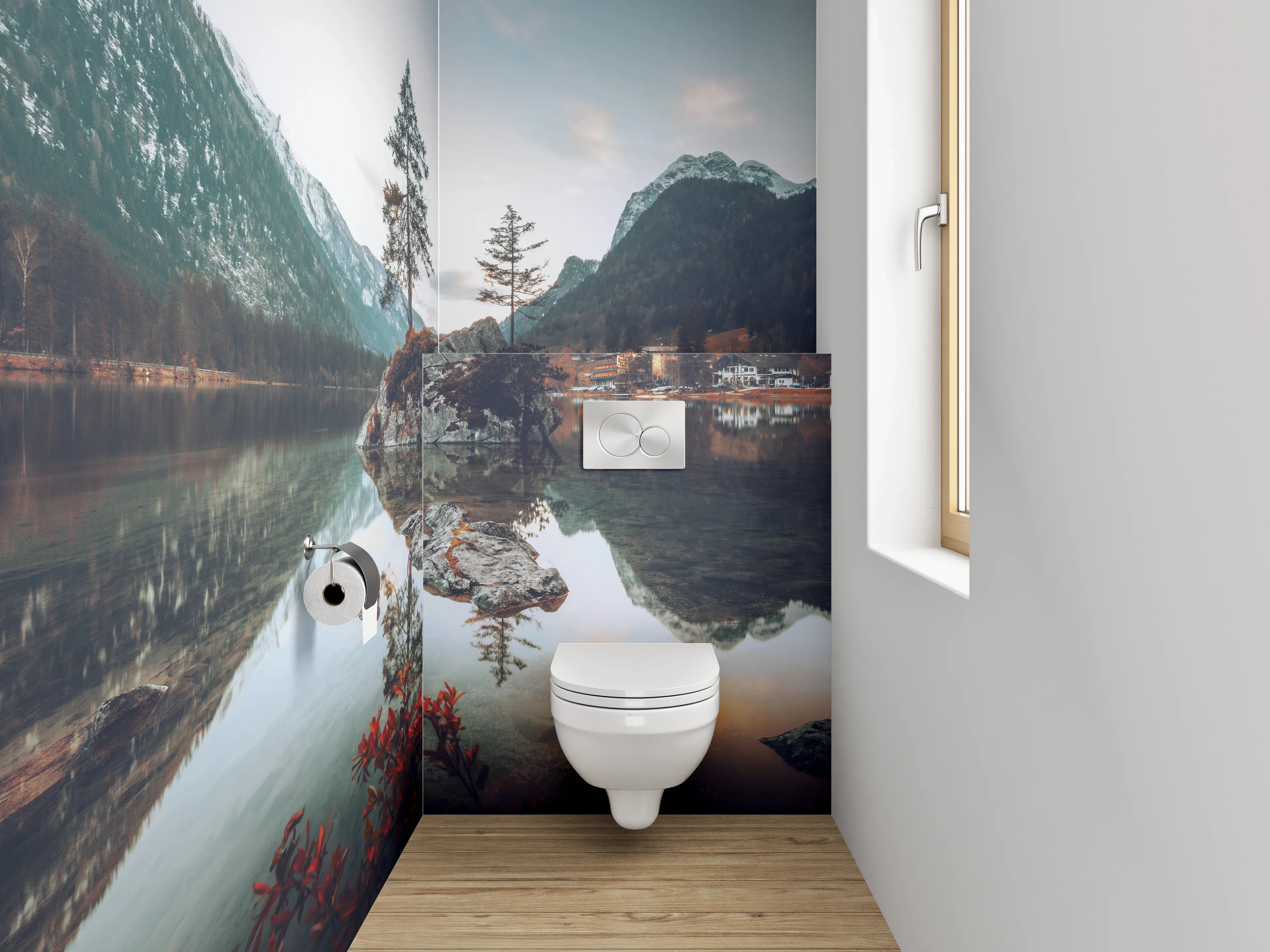 WC-Rückwand - Silbergraue Stille am Seeufer