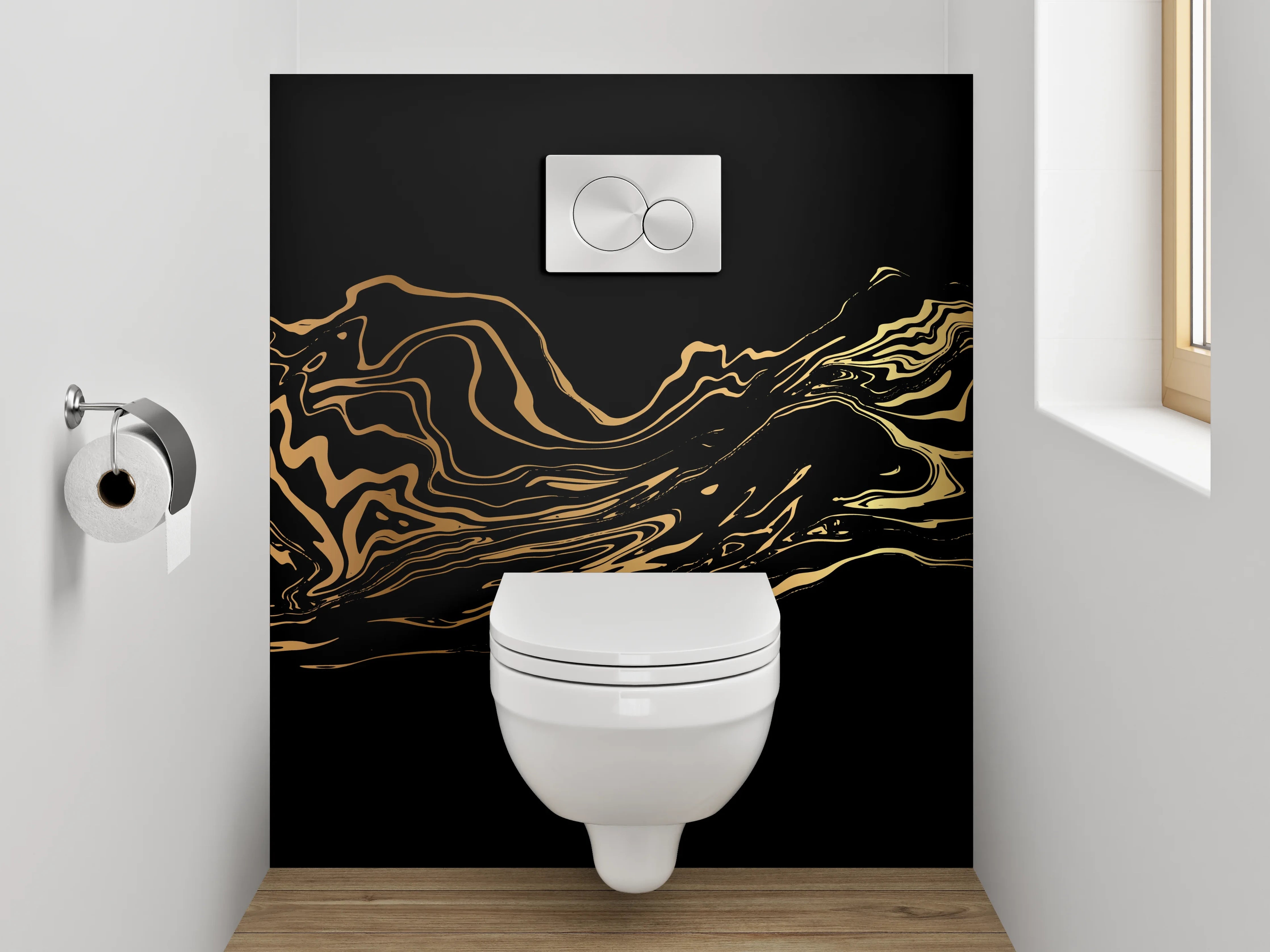 WC-Rückwand - Silberne Konturen auf dunklem Grund
