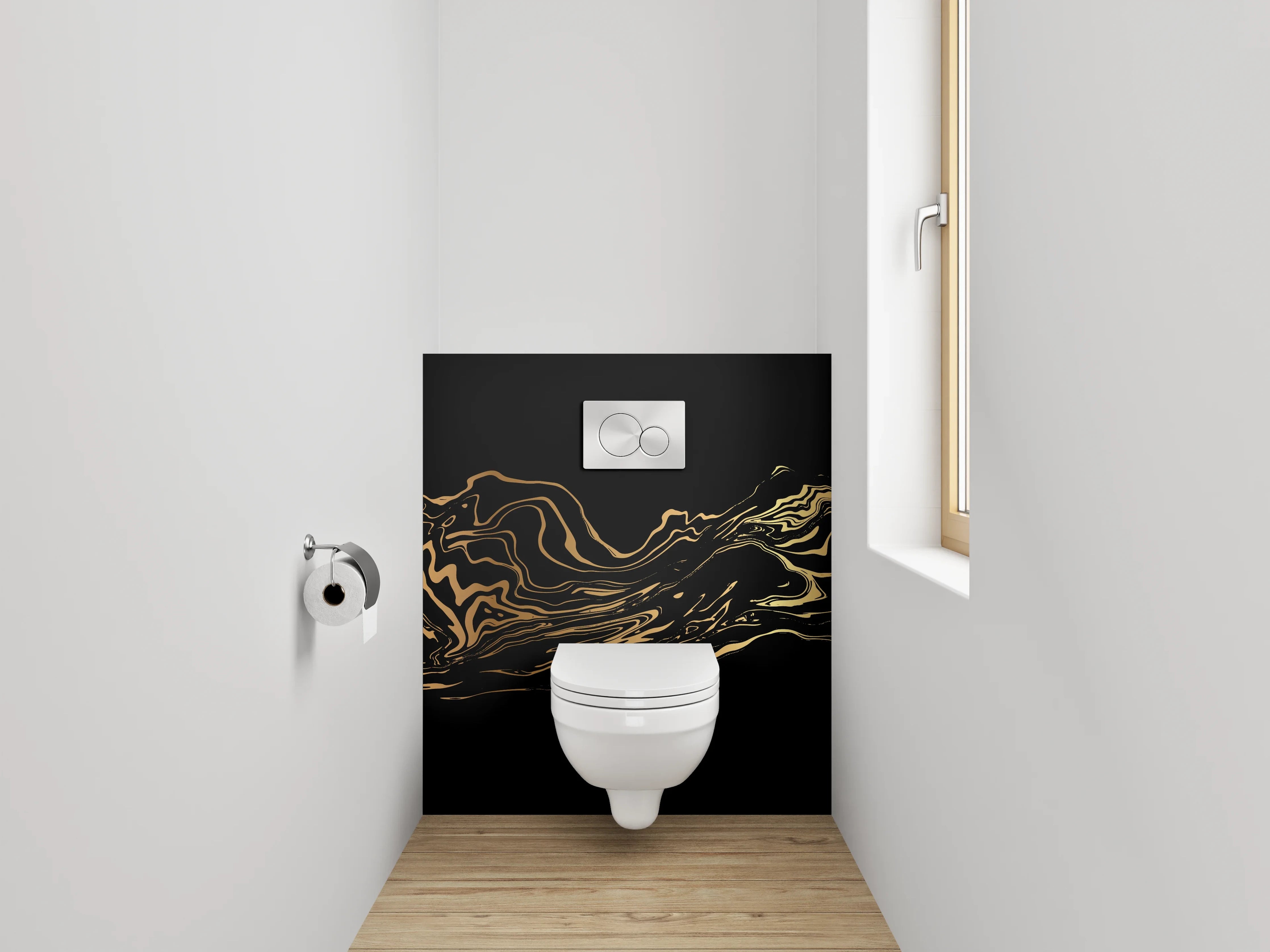WC-Rückwand - Silberne Konturen auf dunklem Grund